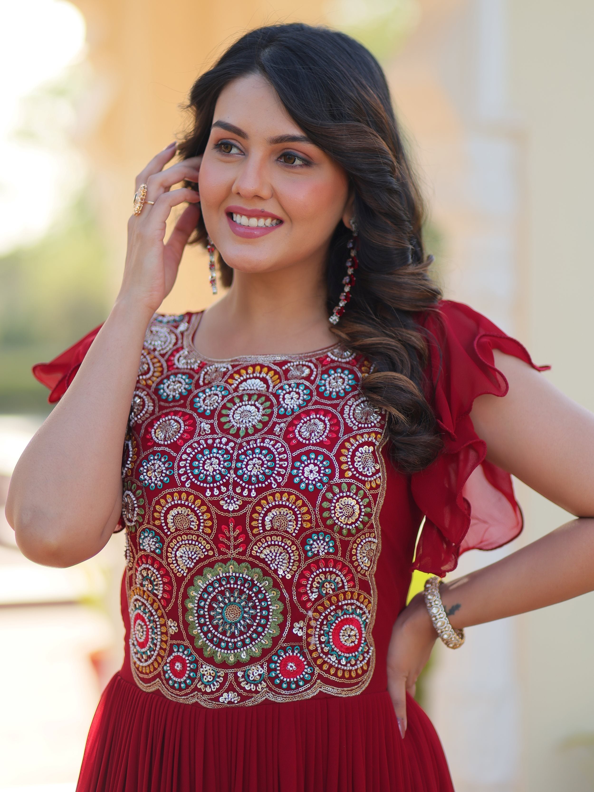 Maroon Georgette Multithread Beads and Sequins Embroidery Gown