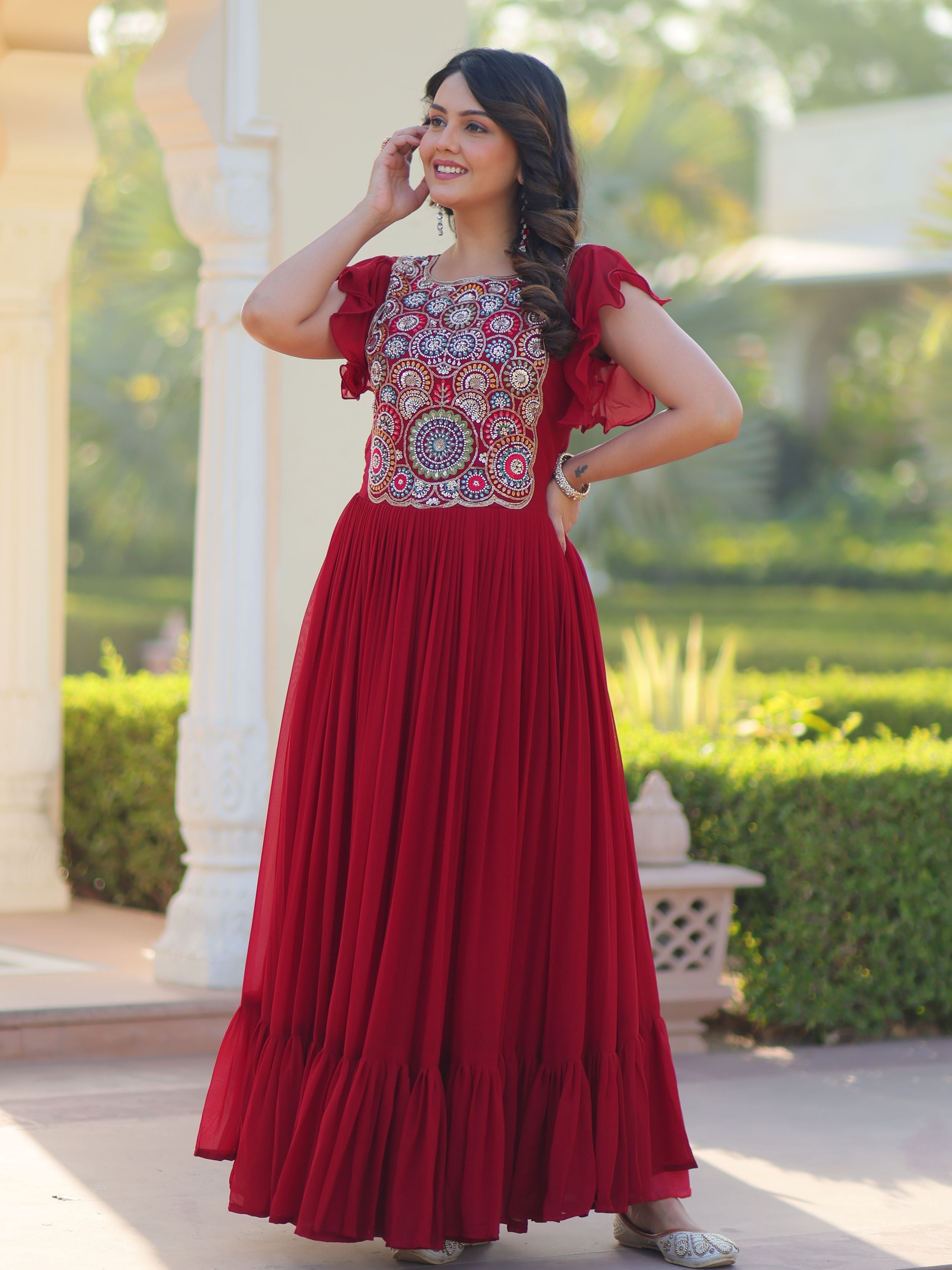 Maroon Georgette Multithread Beads and Sequins Embroidery Gown