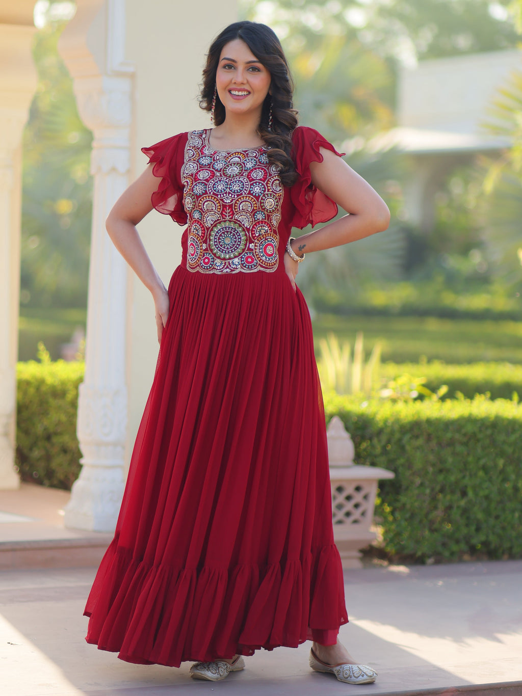 Maroon Georgette Multithread Beads and Sequins Embroidery Gown