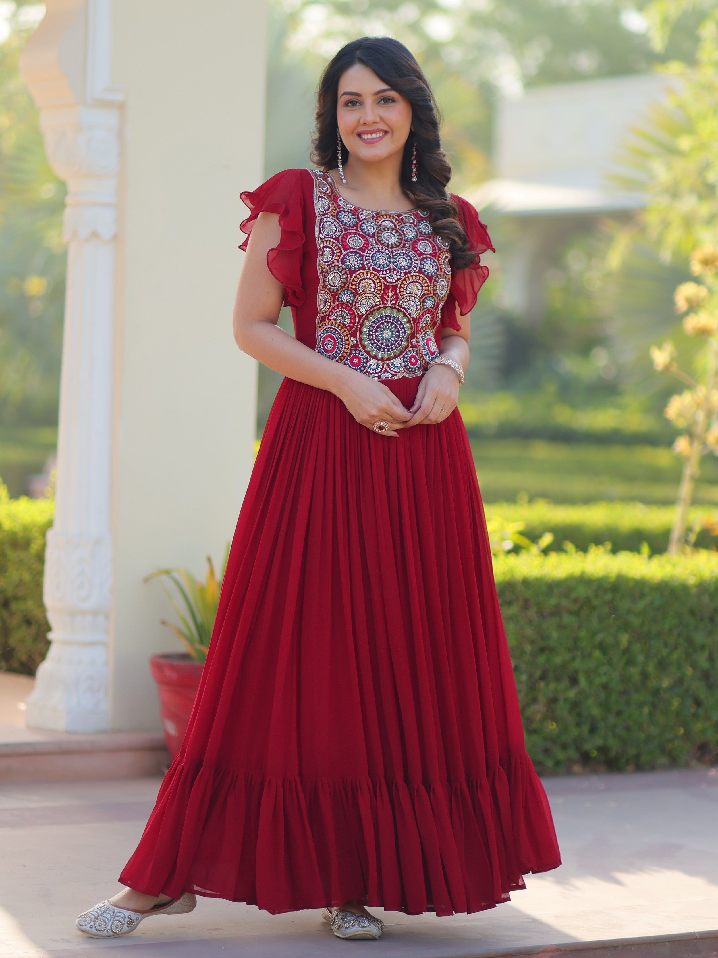 Maroon Georgette Multithread Beads and Sequins Embroidery Gown