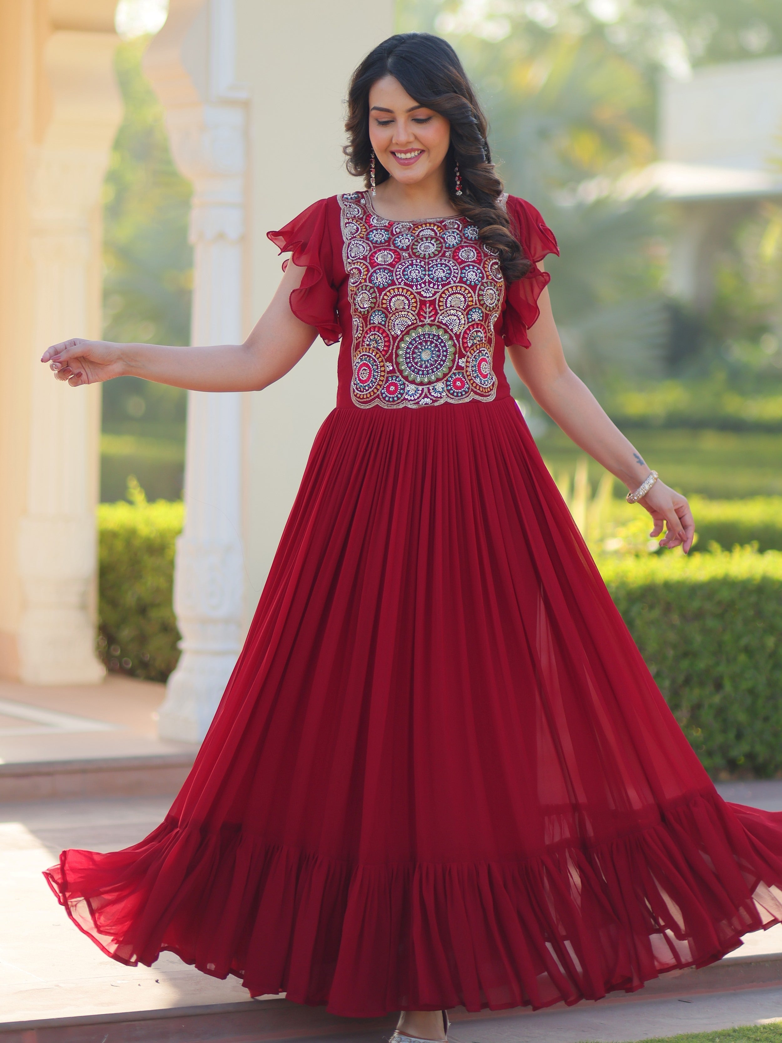 Maroon Georgette Multithread Beads and Sequins Embroidery Gown