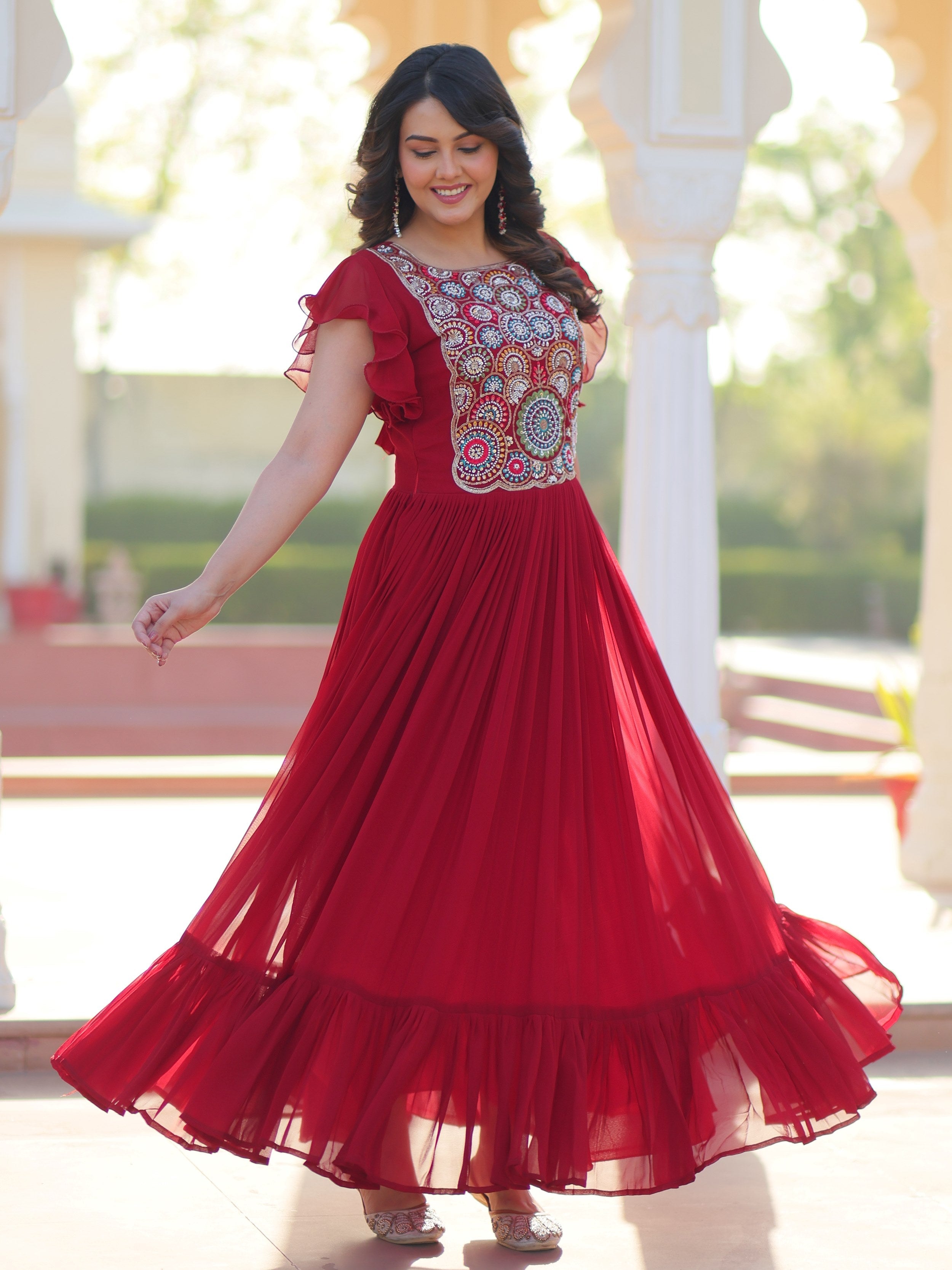 Maroon Georgette Multithread Beads and Sequins Embroidery Gown