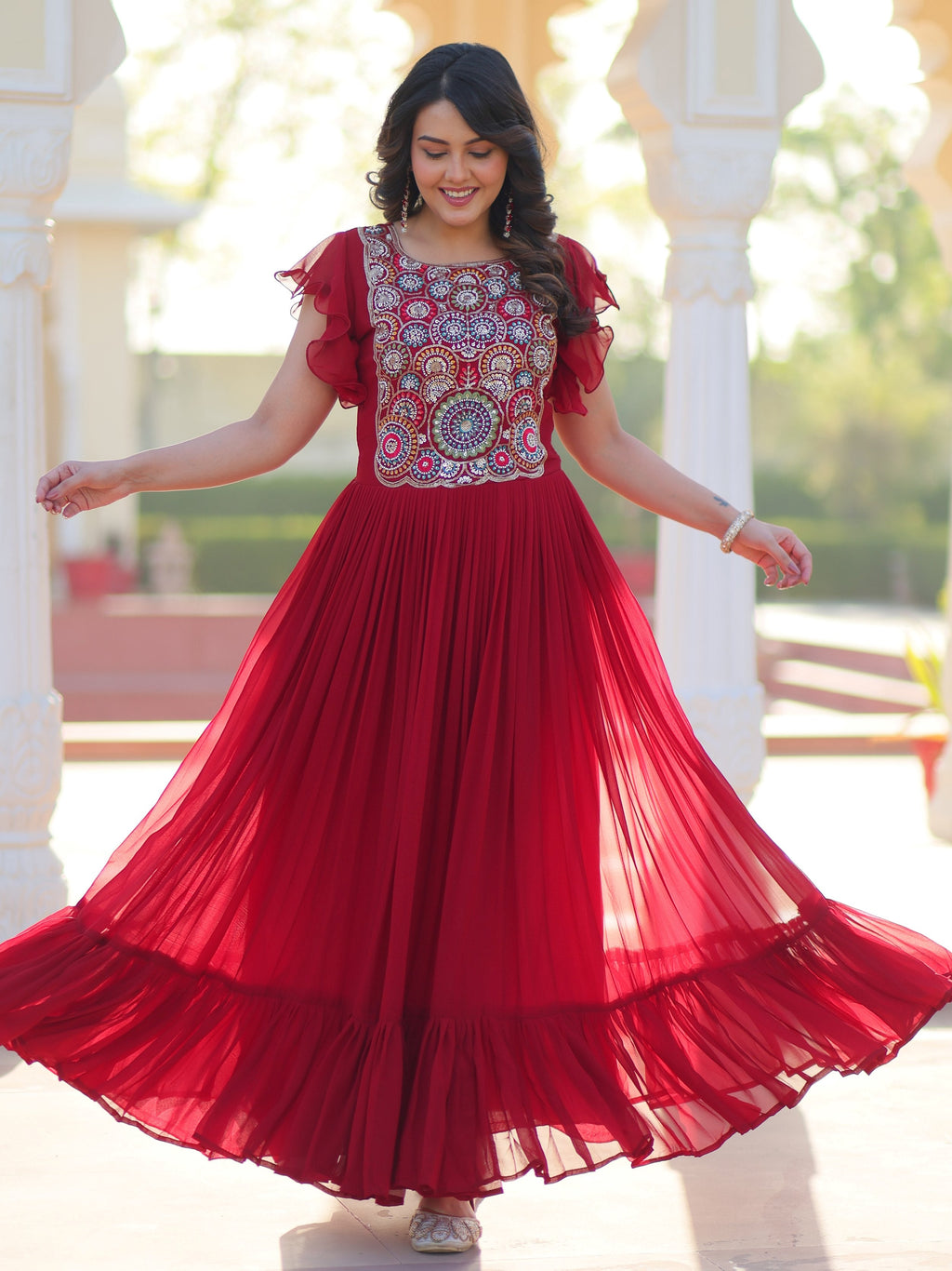 Maroon Georgette Multithread Beads and Sequins Embroidery Gown