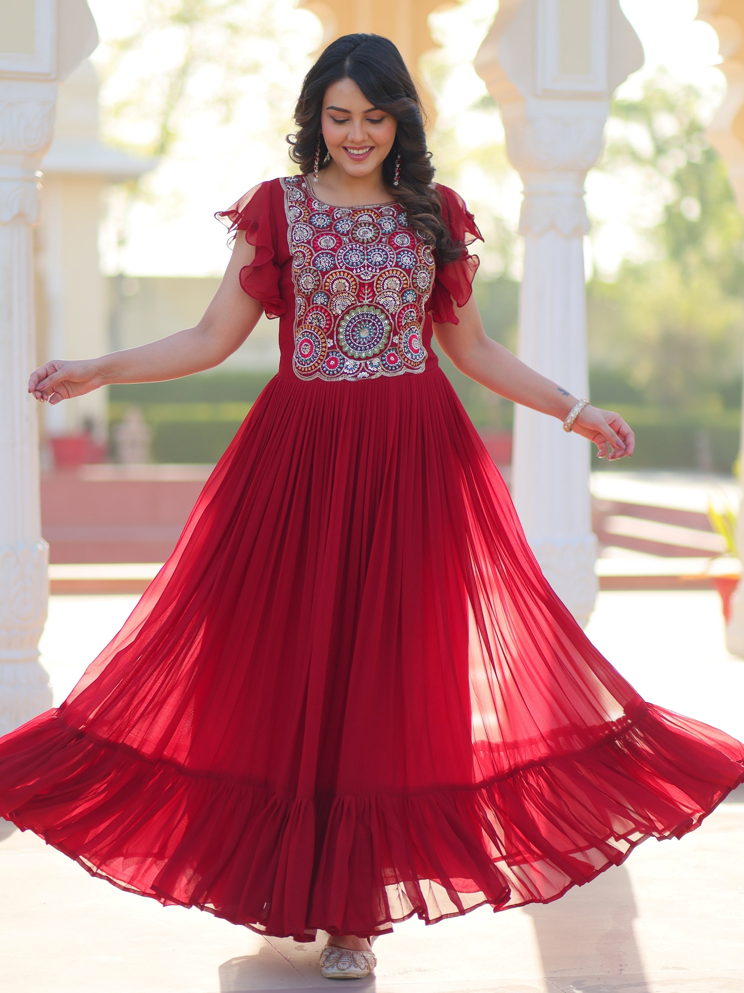 Maroon Georgette Multithread Beads and Sequins Embroidery Gown