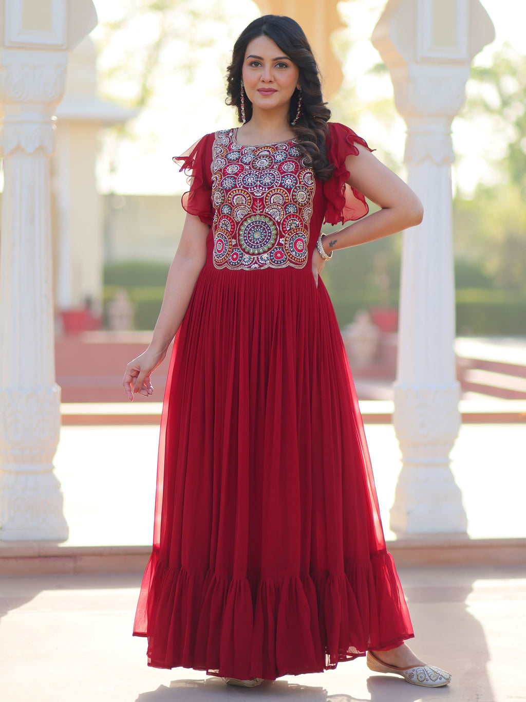 Maroon Georgette Multithread Beads and Sequins Embroidery Gown