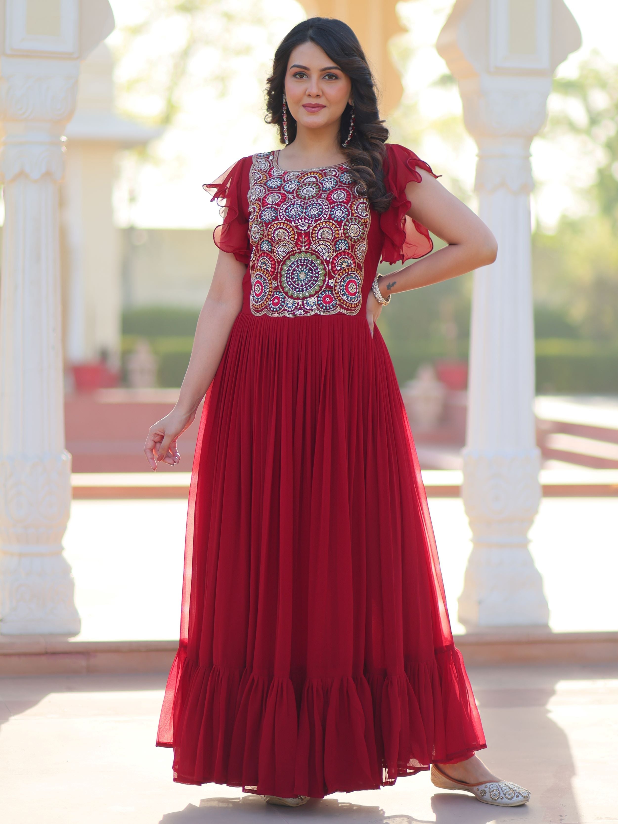 Maroon Georgette Multithread Beads and Sequins Embroidery Gown