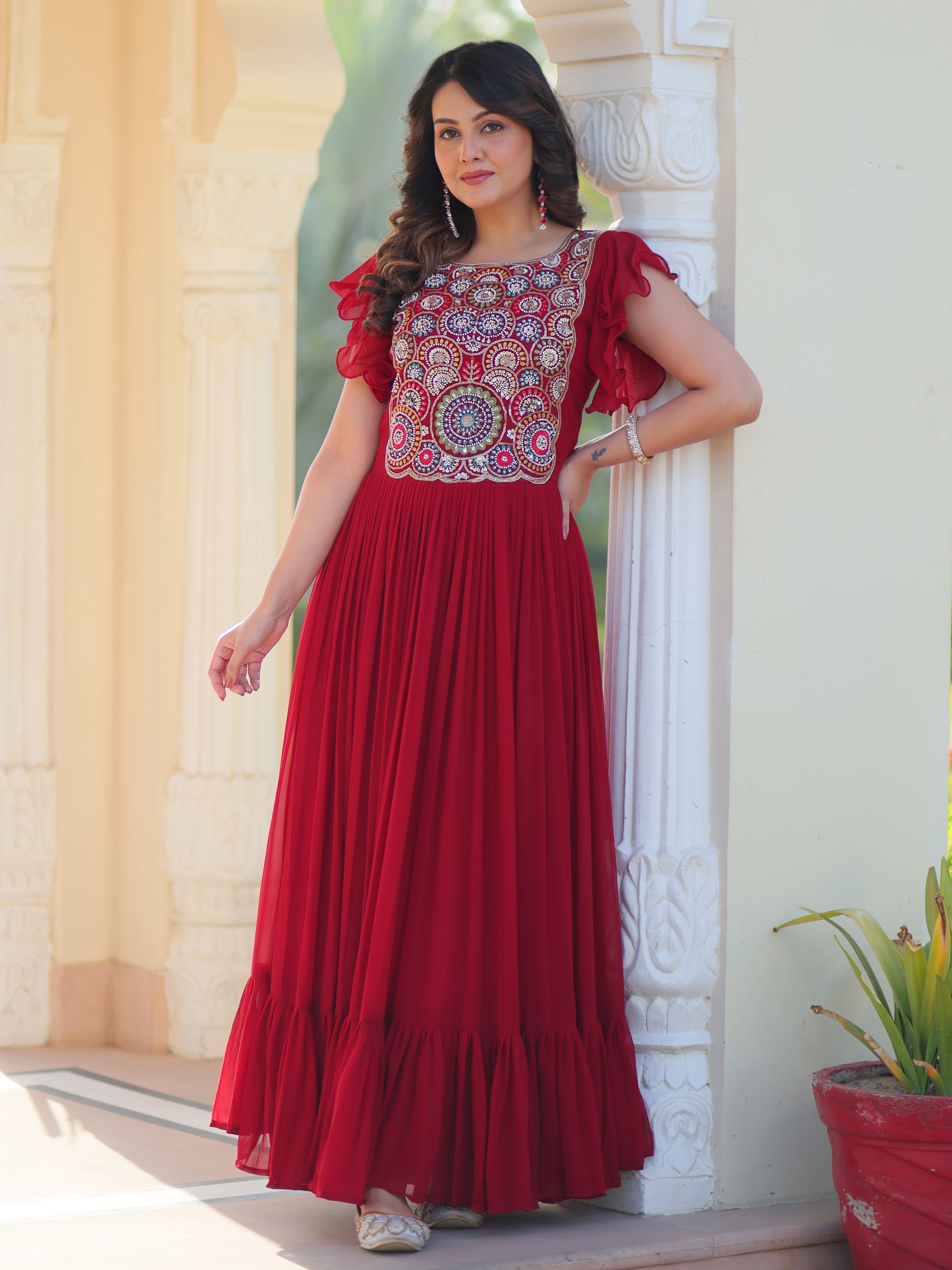 Maroon Georgette Multithread Beads and Sequins Embroidery Gown
