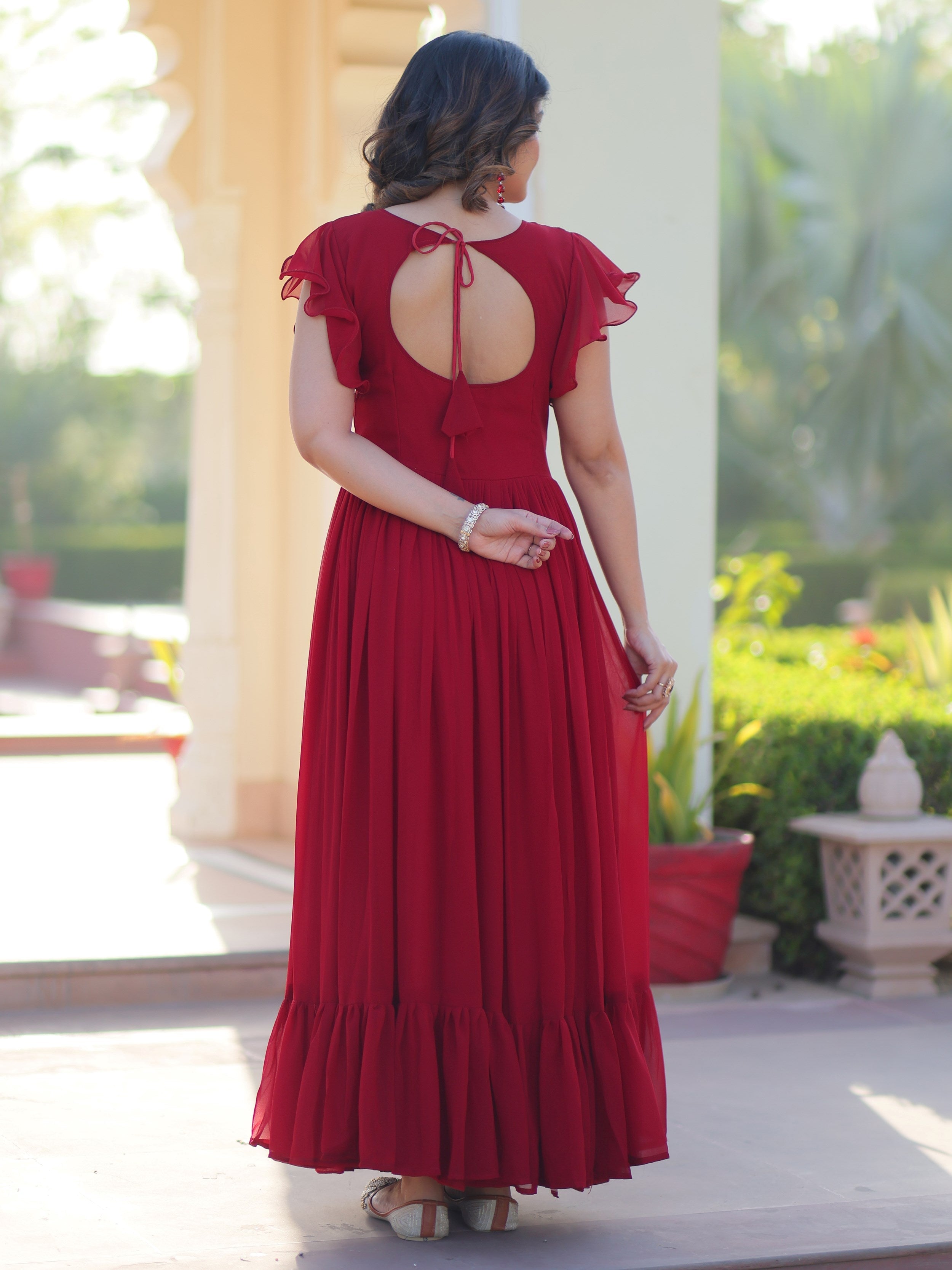 Maroon Georgette Multithread Beads and Sequins Embroidery Gown