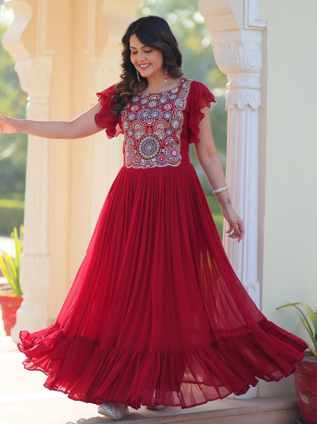 Maroon Georgette Multithread Beads and Sequins Embroidery Gown