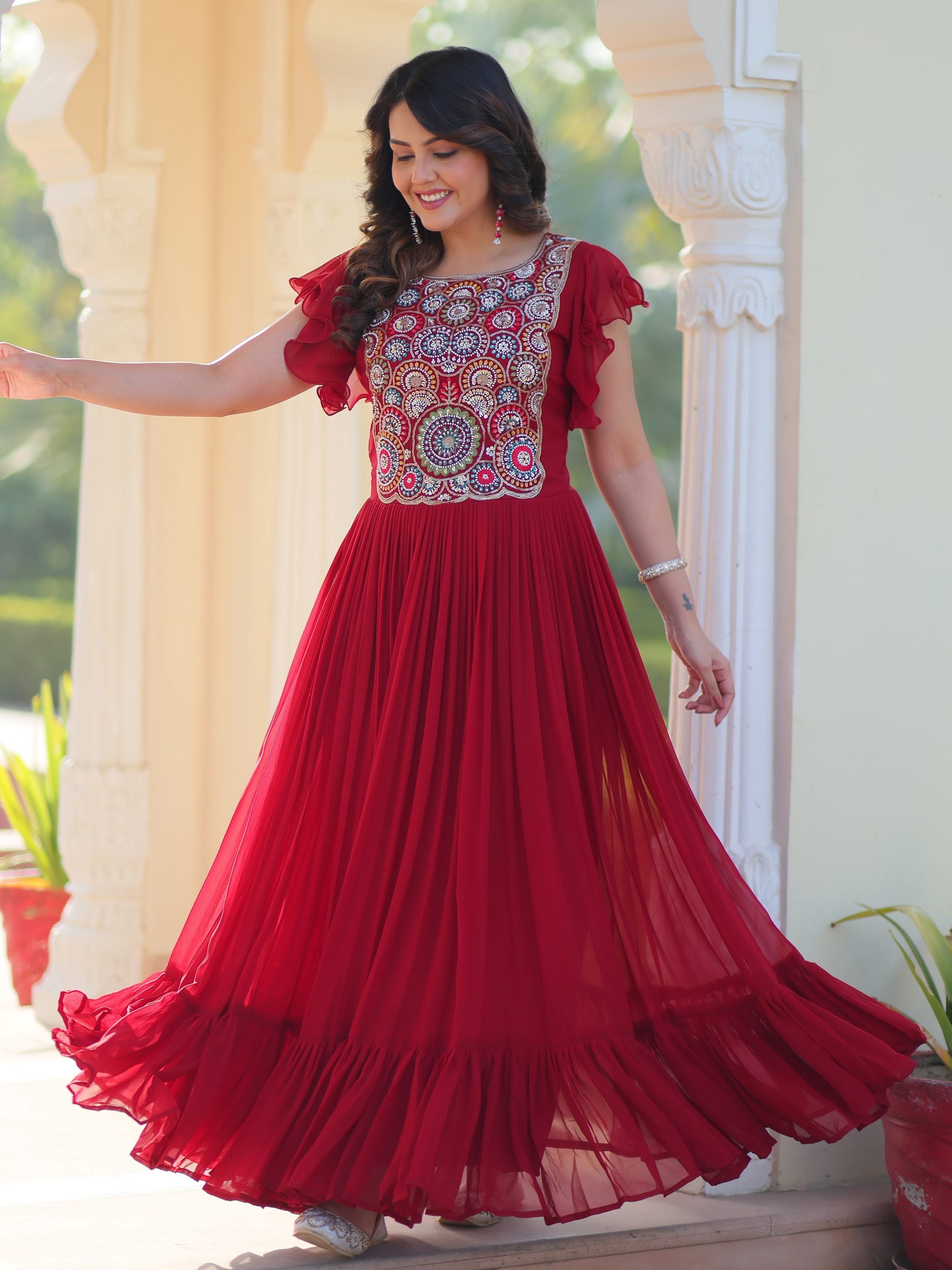 Maroon Georgette Multithread Beads and Sequins Embroidery Gown