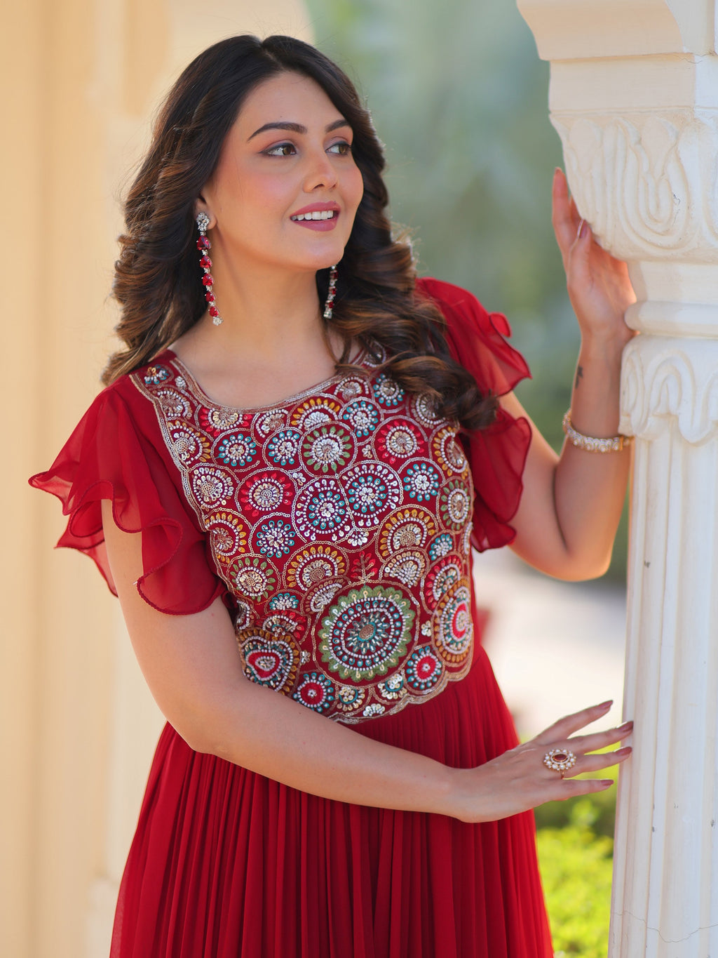 Maroon Georgette Multithread Beads and Sequins Embroidery Gown