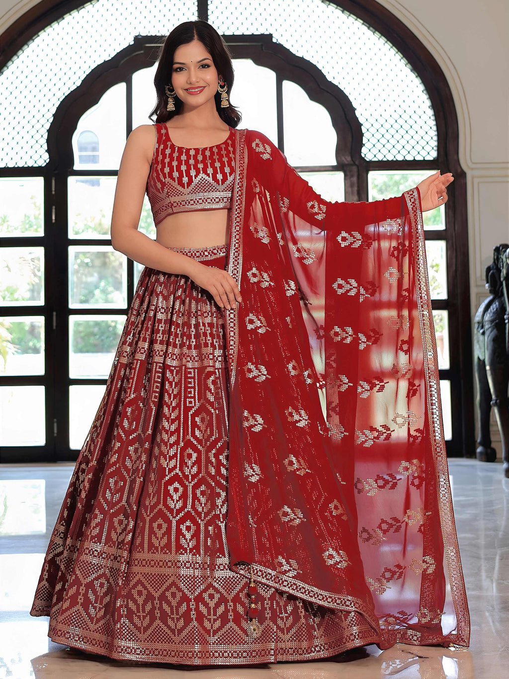 Maroon georgette thread and sequins embroidery lehenga choli