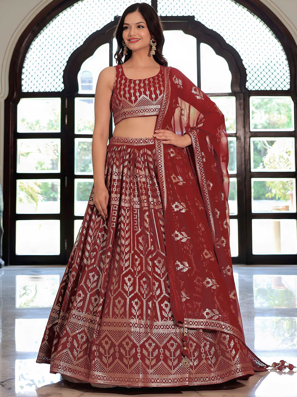 Maroon georgette thread and sequins embroidery lehenga choli