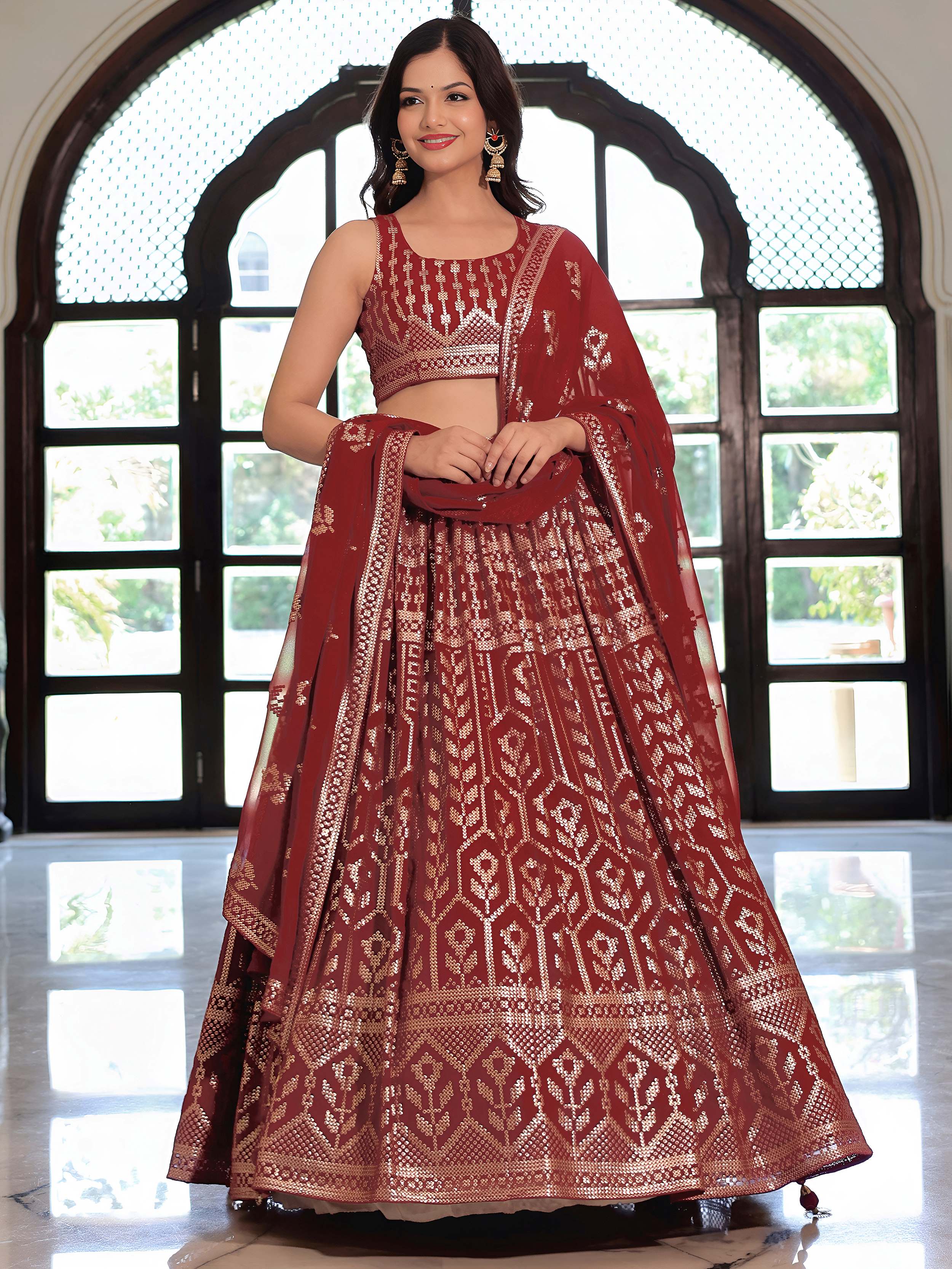 Maroon georgette thread and sequins embroidery lehenga choli