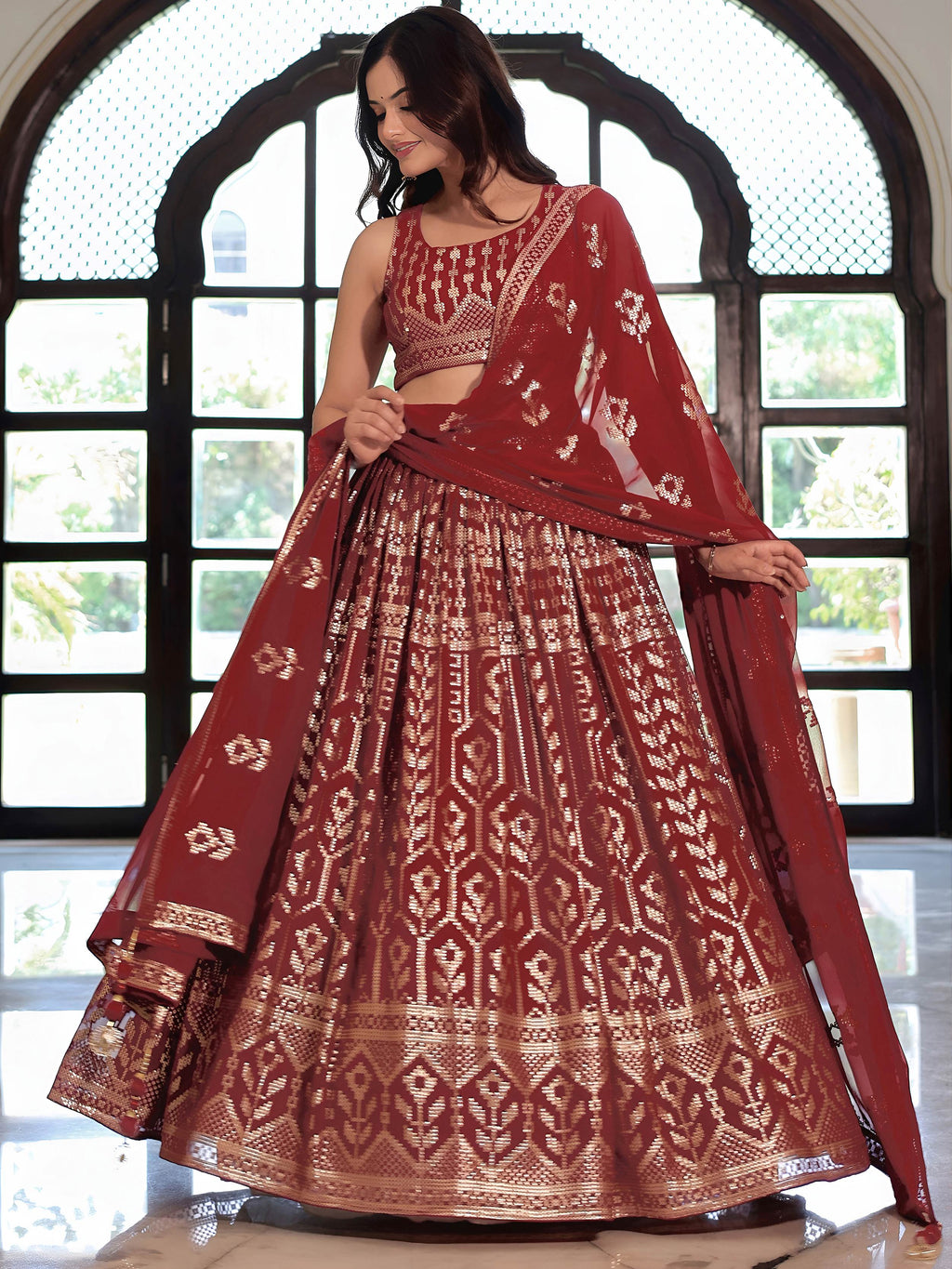 Maroon georgette thread and sequins embroidery lehenga choli