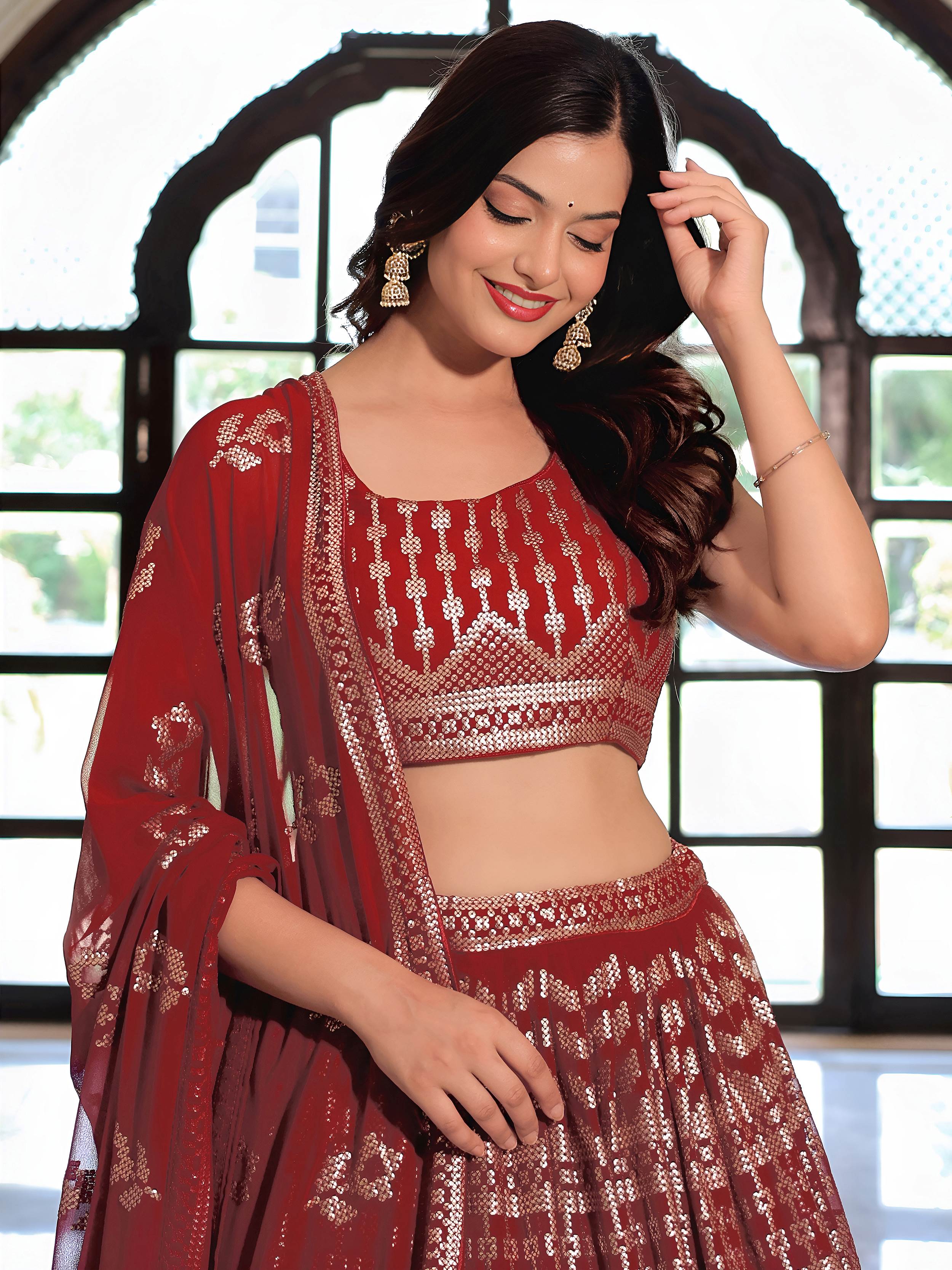 Maroon georgette thread and sequins embroidery lehenga choli