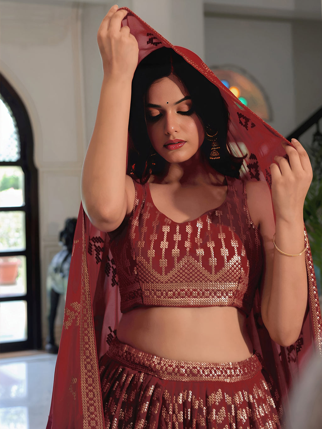 Maroon georgette thread and sequins embroidery lehenga choli