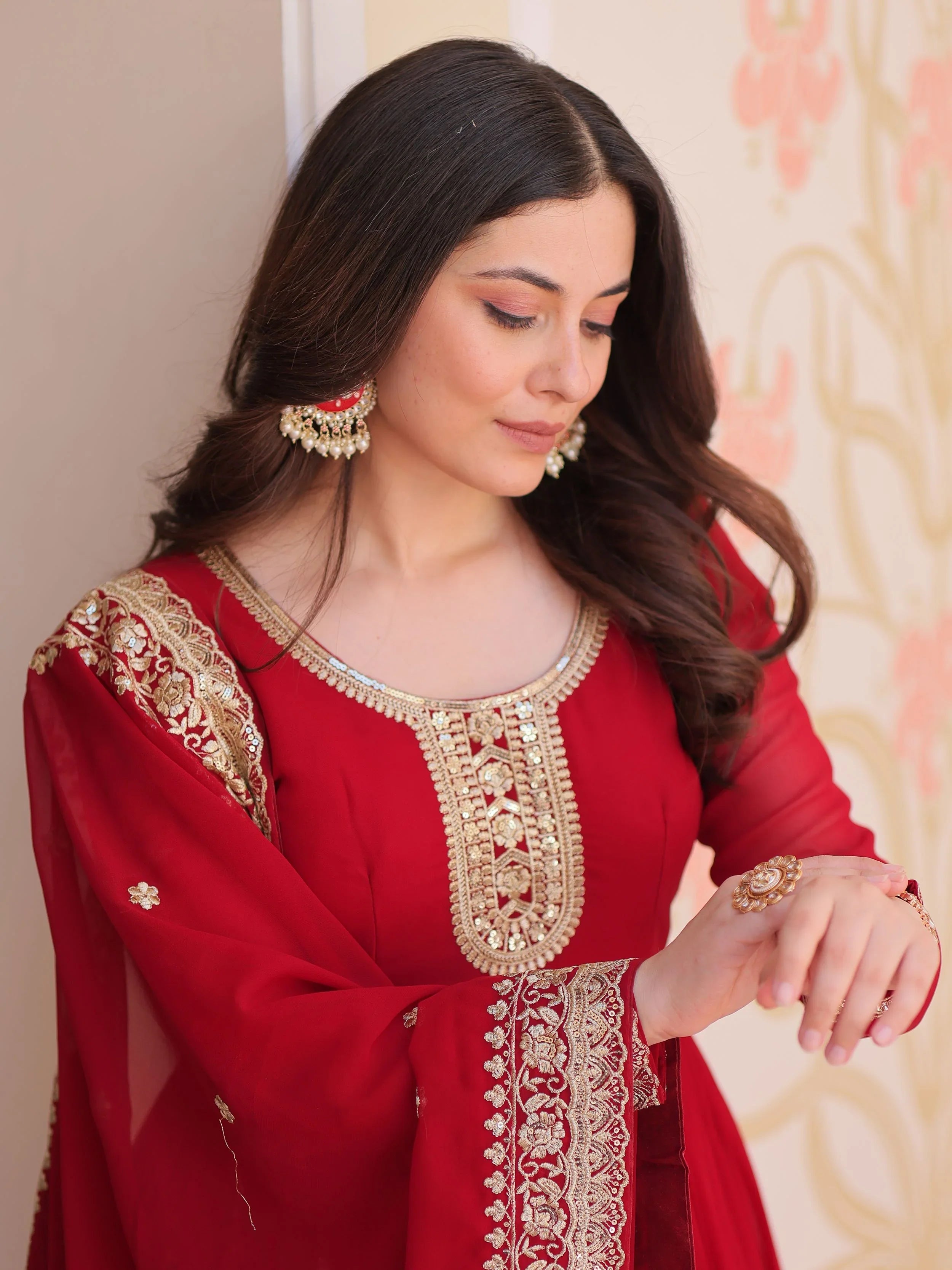 Maroon Georgette Zari Sequins Embroidered Designer Gown with Dupatta