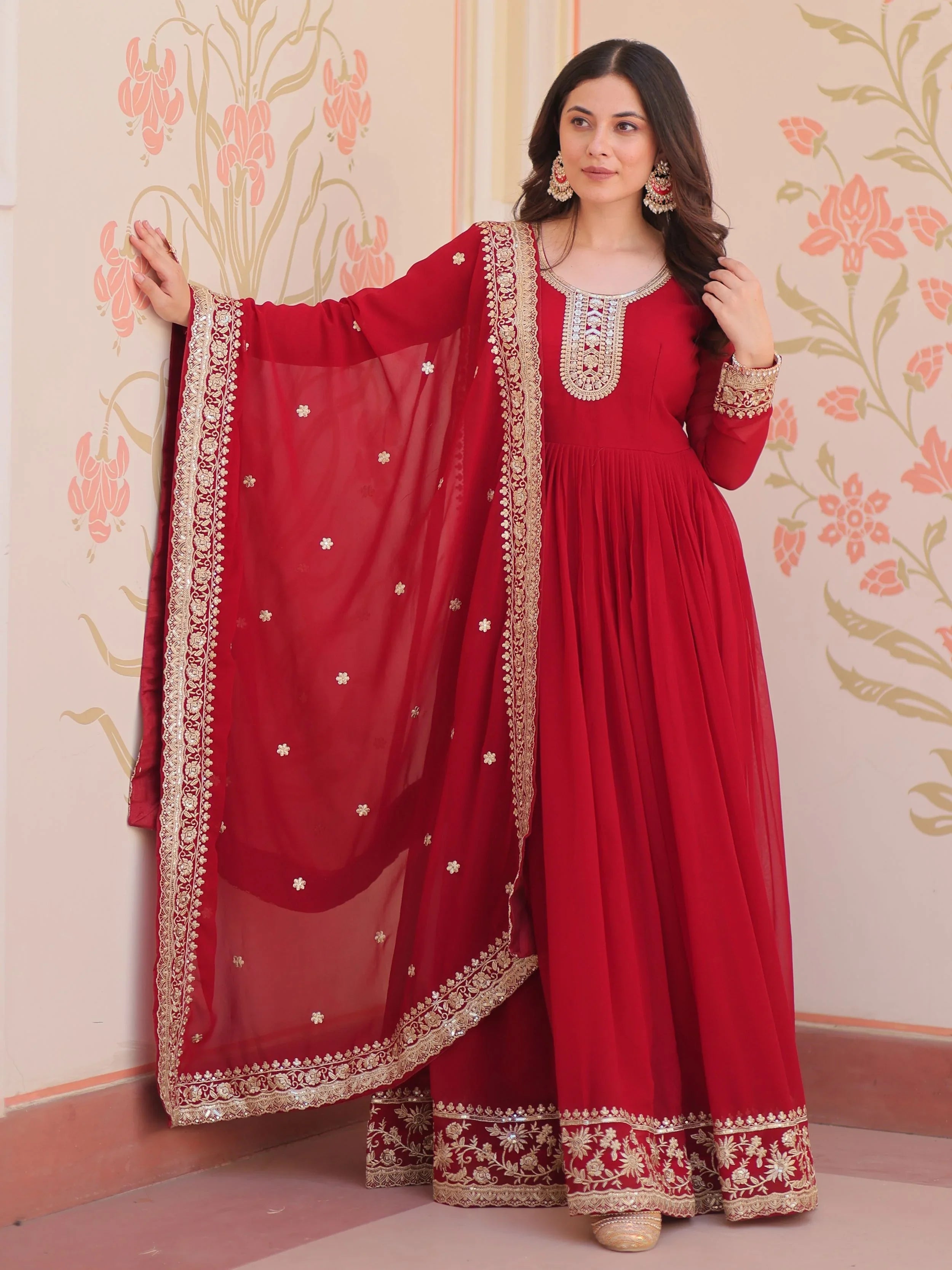 Maroon Georgette Zari Sequins Embroidered Designer Gown with Dupatta