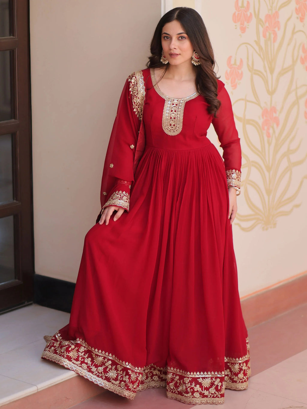 Maroon Georgette Zari Sequins Embroidered Designer Gown with Dupatta