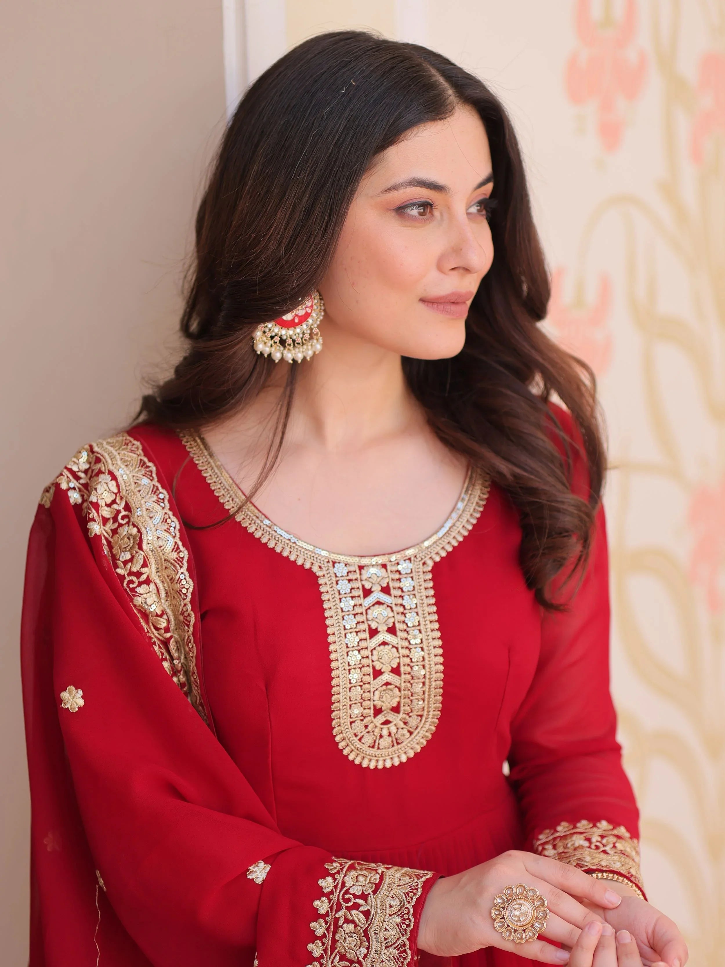 Maroon Georgette Zari Sequins Embroidered Designer Gown with Dupatta