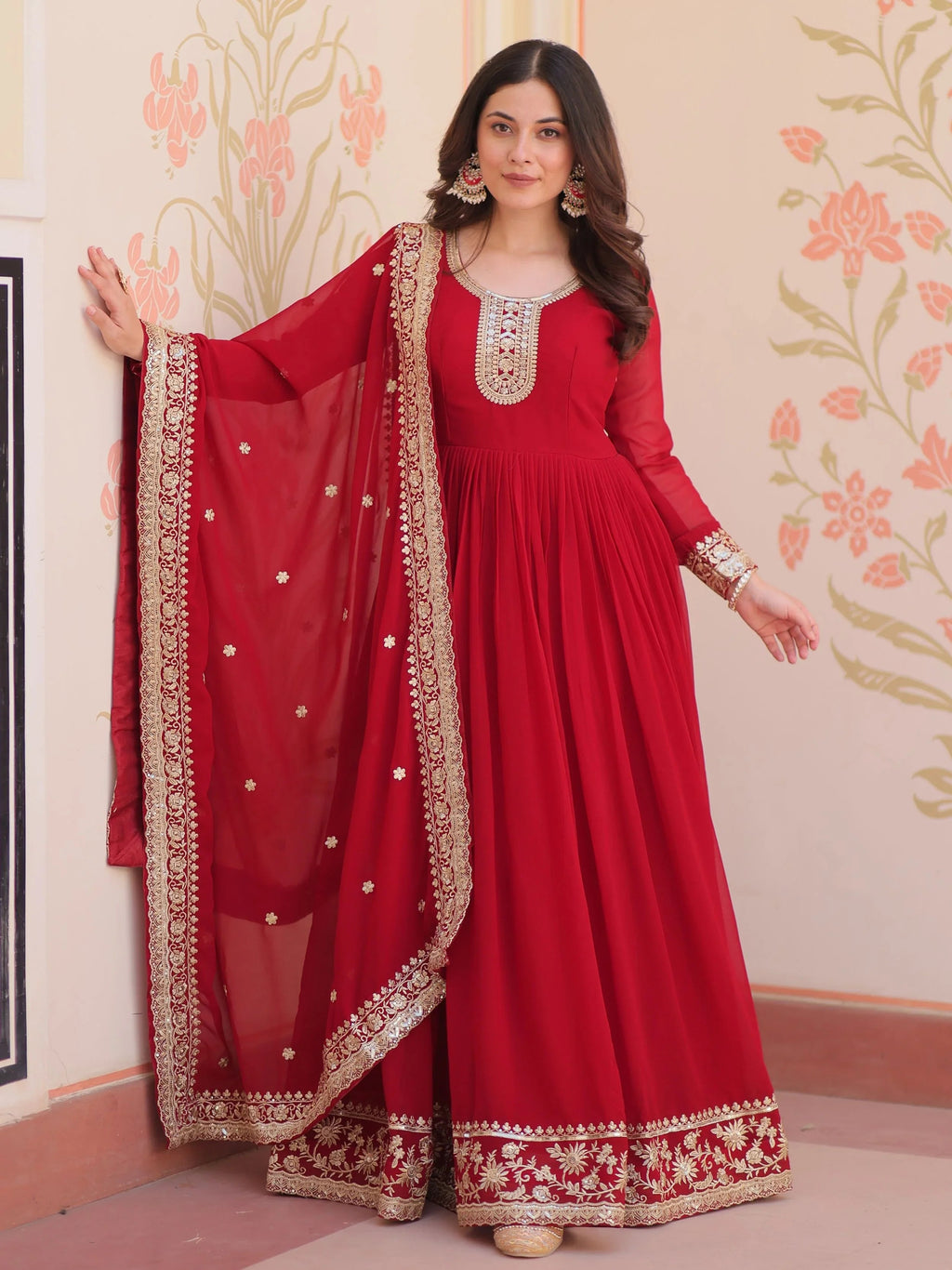 Maroon Georgette Zari Sequins Embroidered Designer Gown with Dupatta