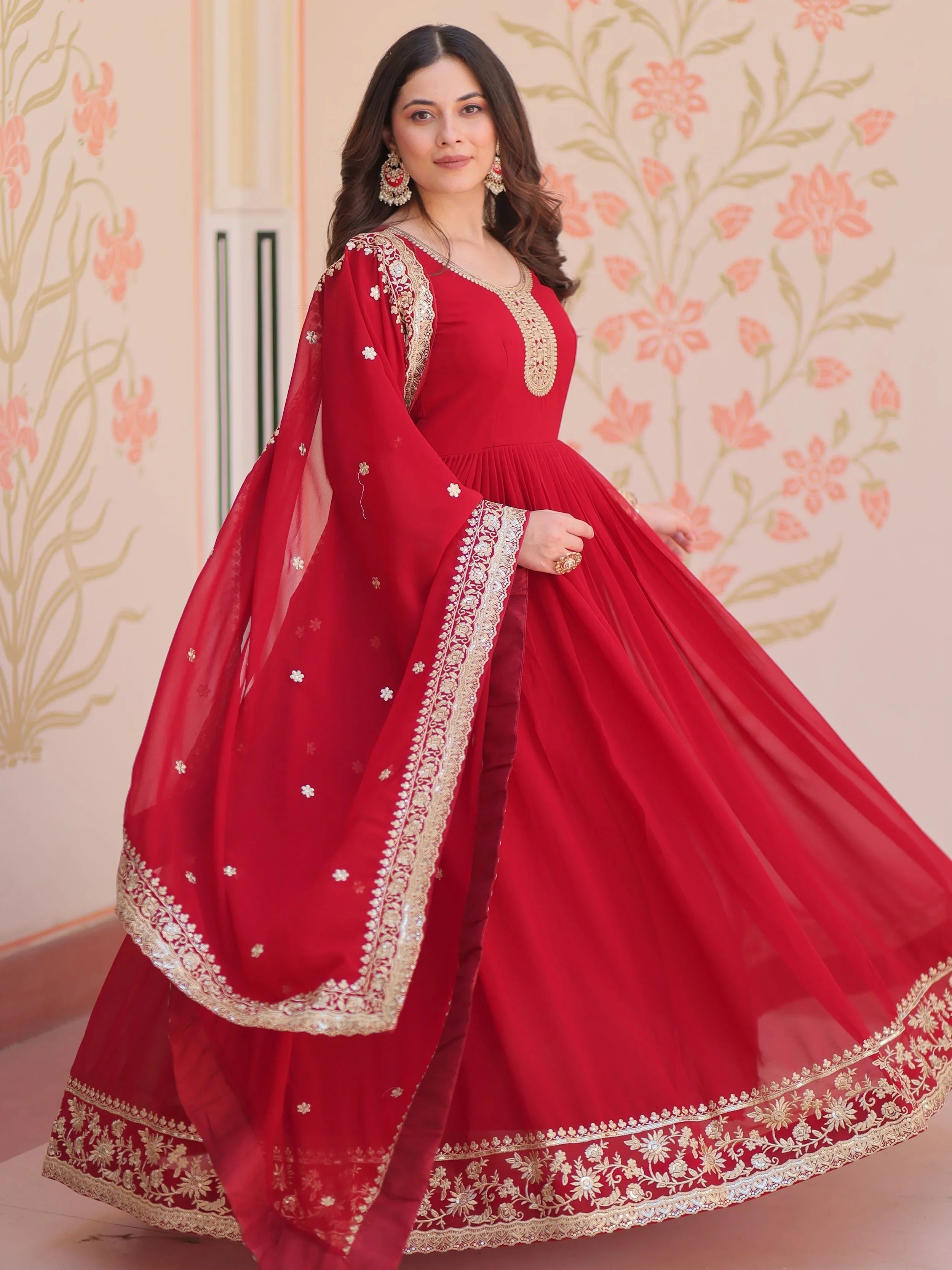 Maroon Georgette Zari Sequins Embroidered Designer Gown with Dupatta