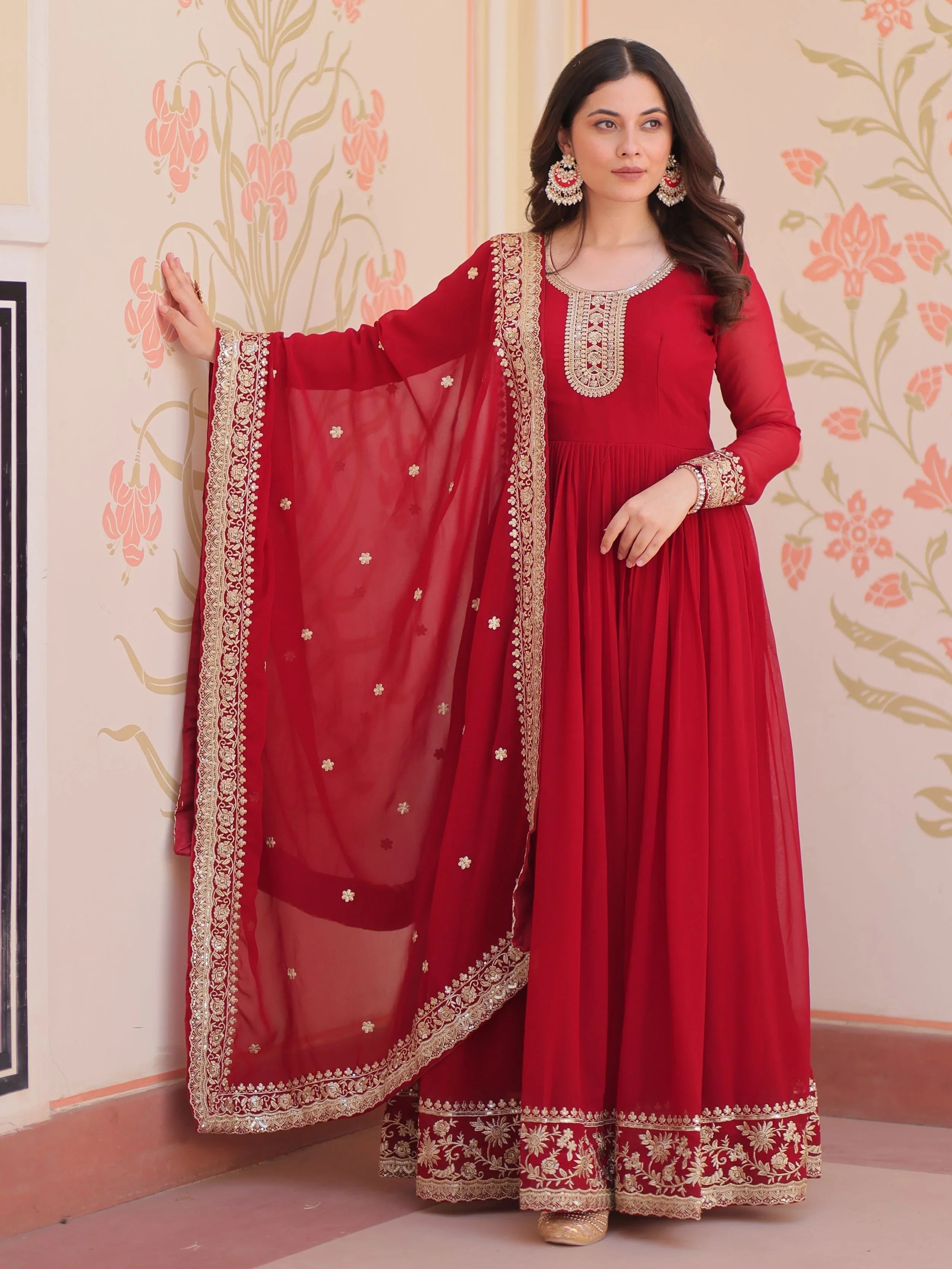 Maroon Georgette Zari Sequins Embroidered Designer Gown with Dupatta