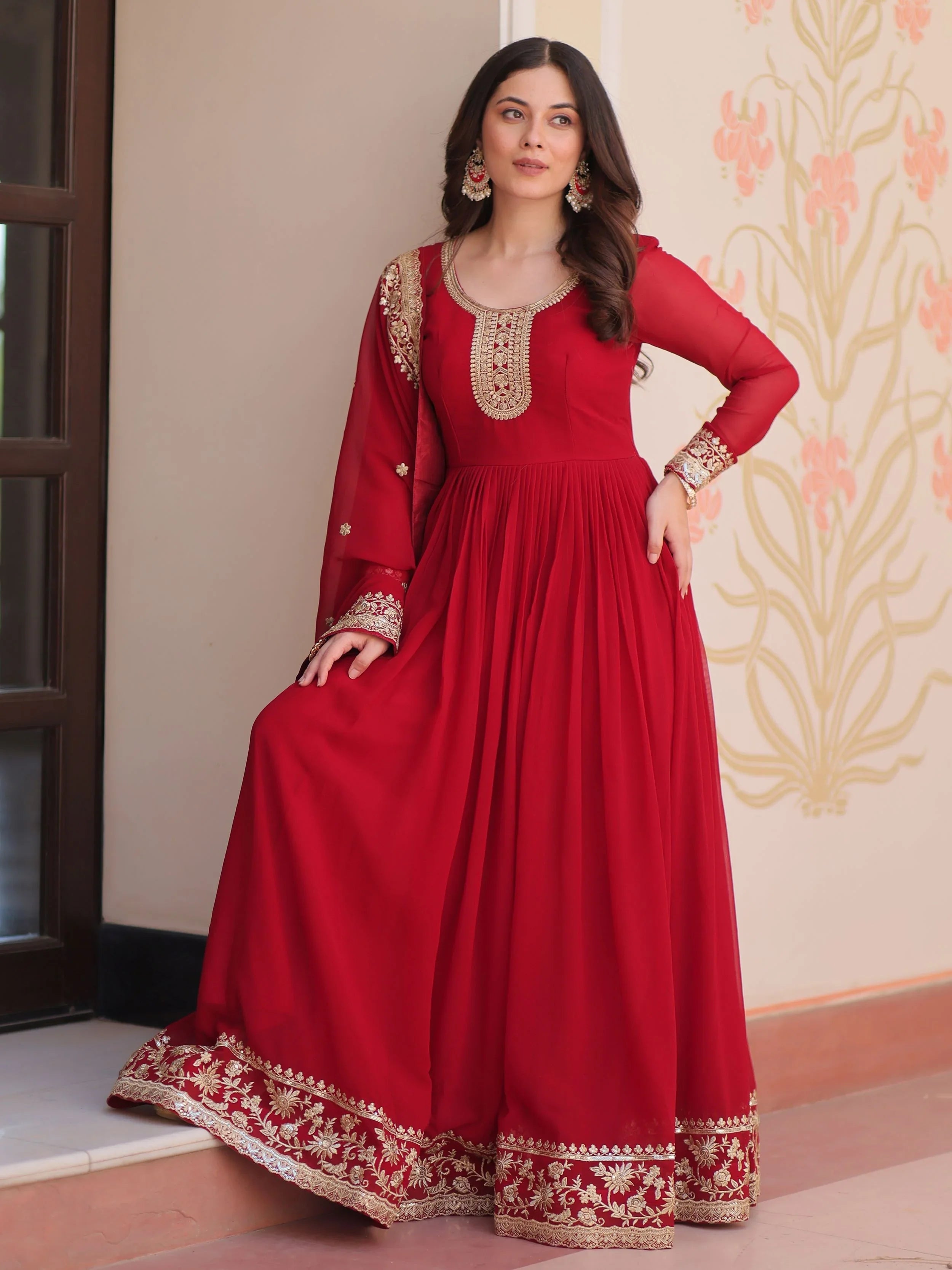 Maroon Georgette Zari Sequins Embroidered Designer Gown with Dupatta