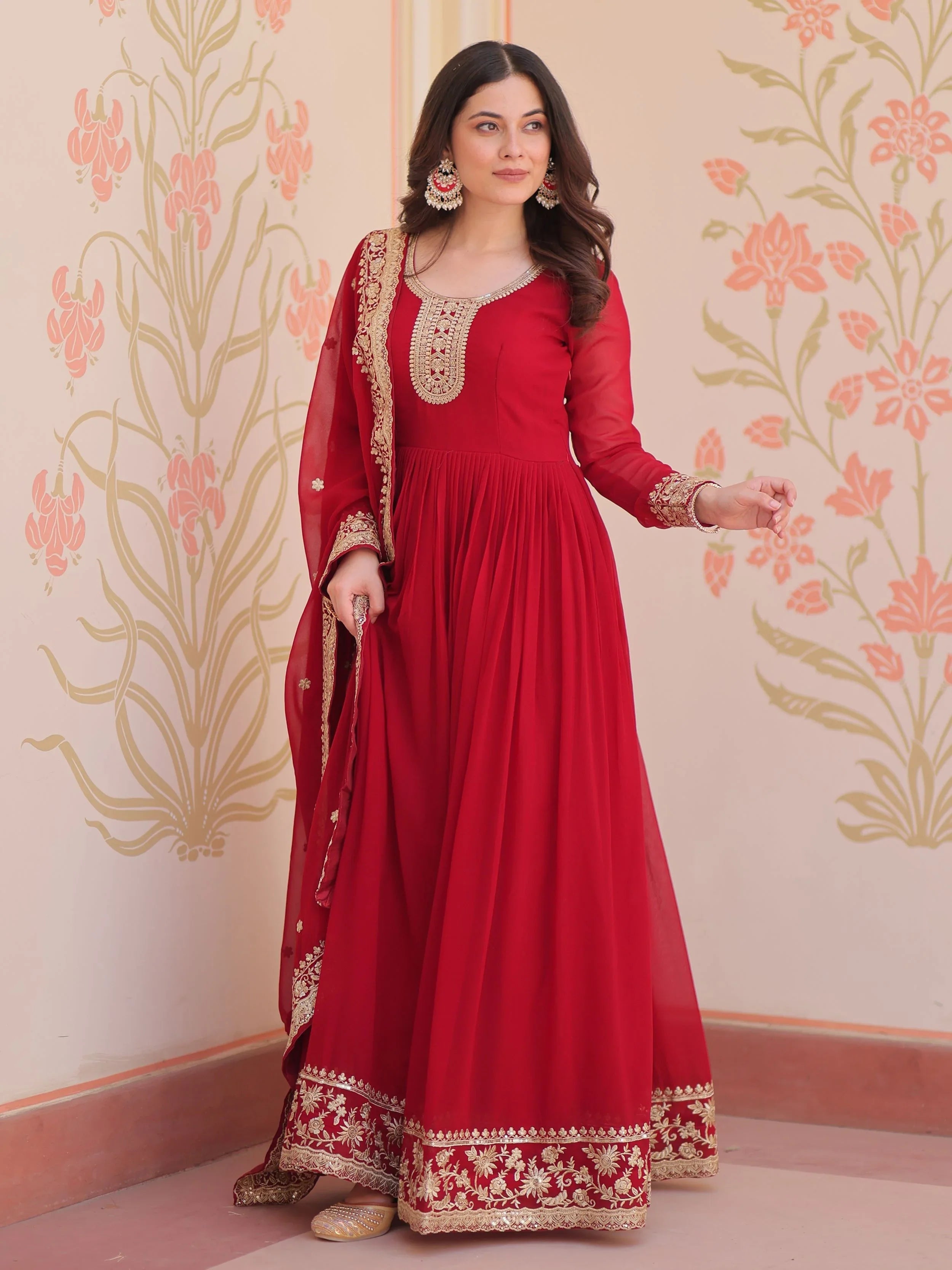 Maroon Georgette Zari Sequins Embroidered Designer Gown with Dupatta