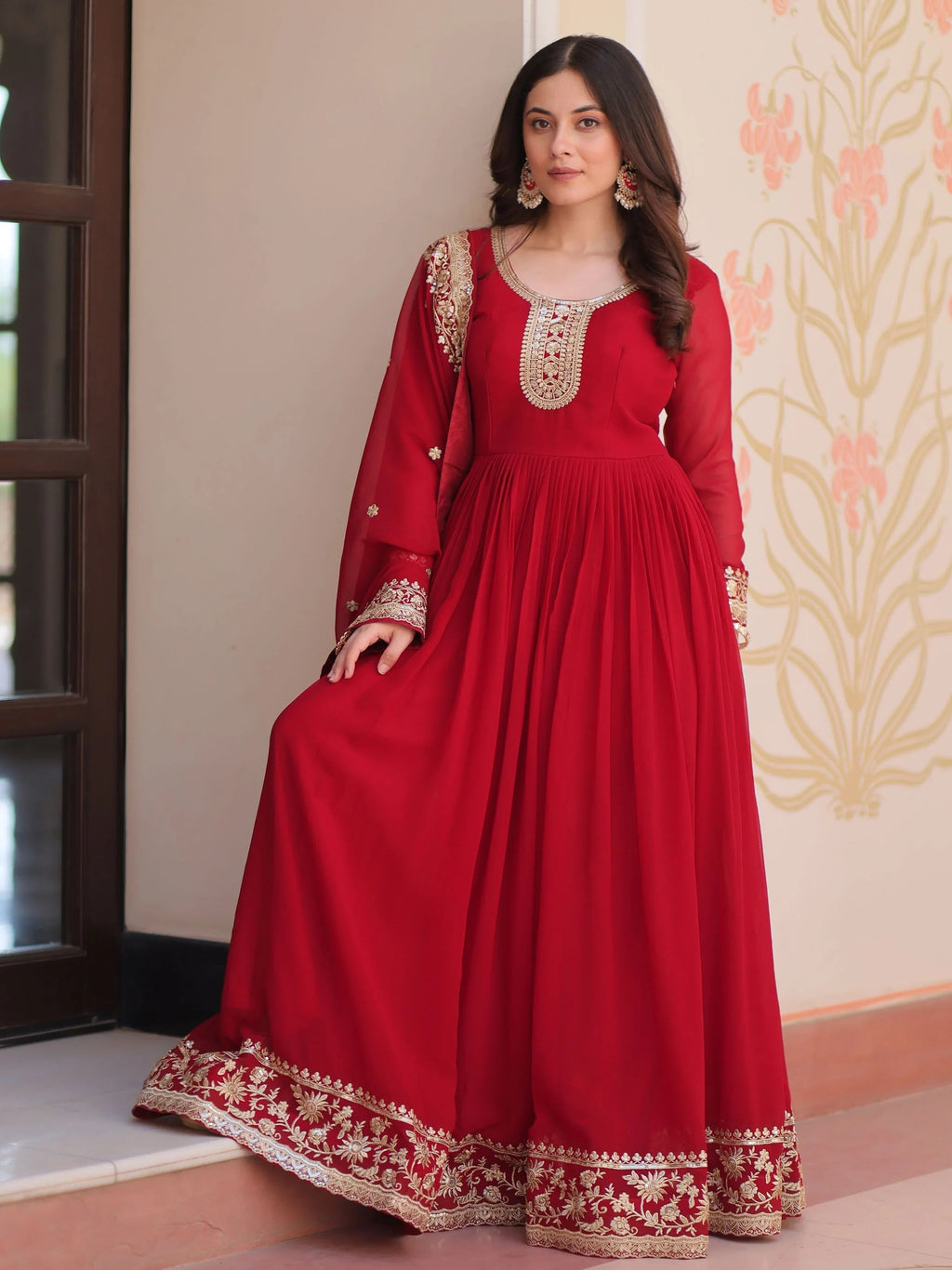Maroon Georgette Zari Sequins Embroidered Designer Gown with Dupatta