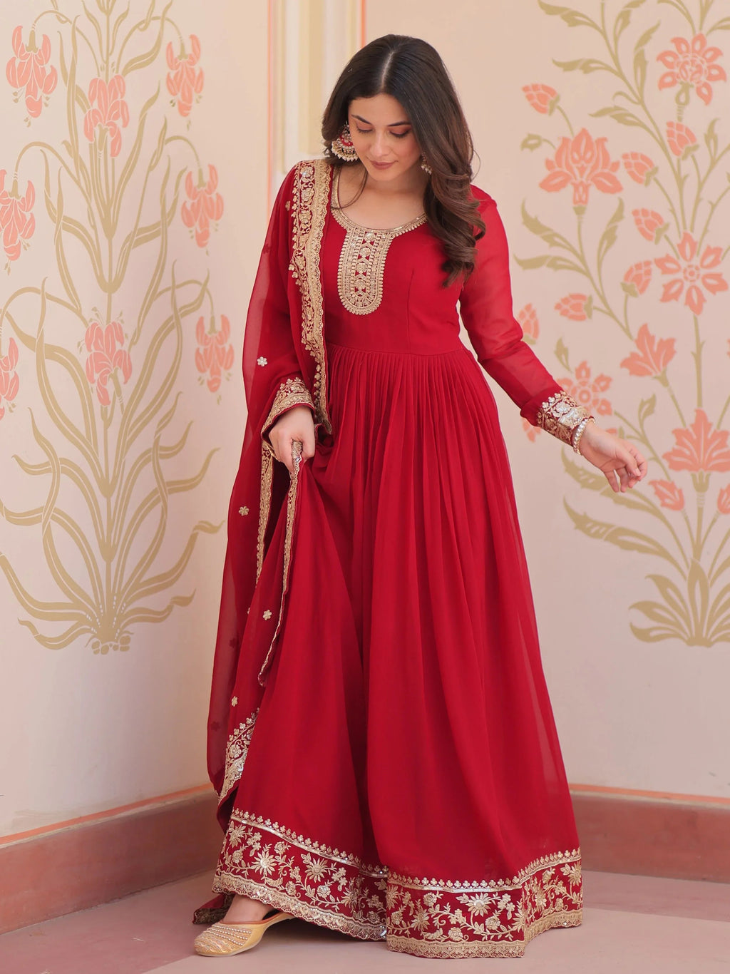 Maroon Georgette Zari Sequins Embroidered Designer Gown with Dupatta