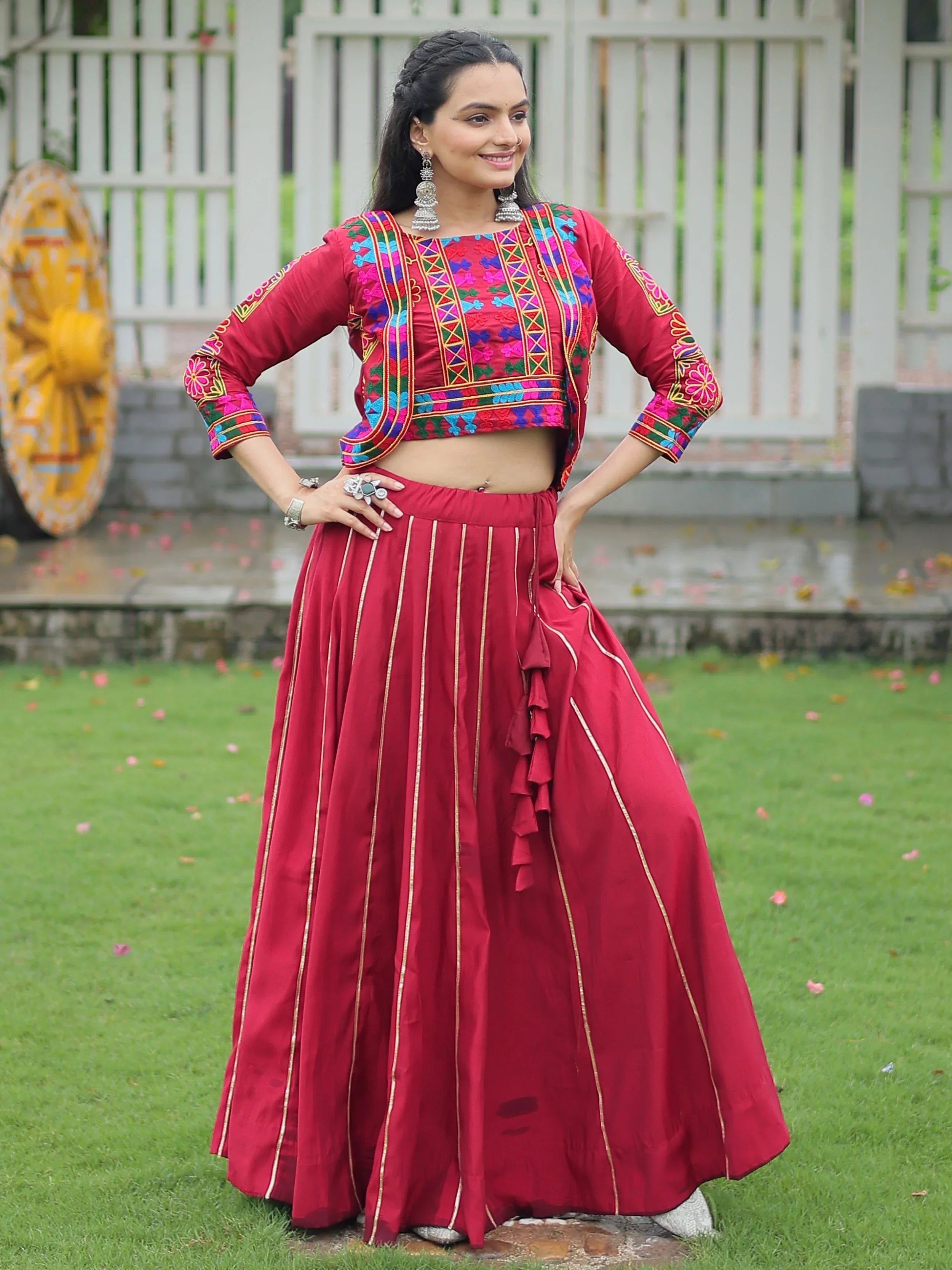 Maroon Kutchi Gamthi Embroidered Gota Patti Lace Lehenga Choli With Koti
