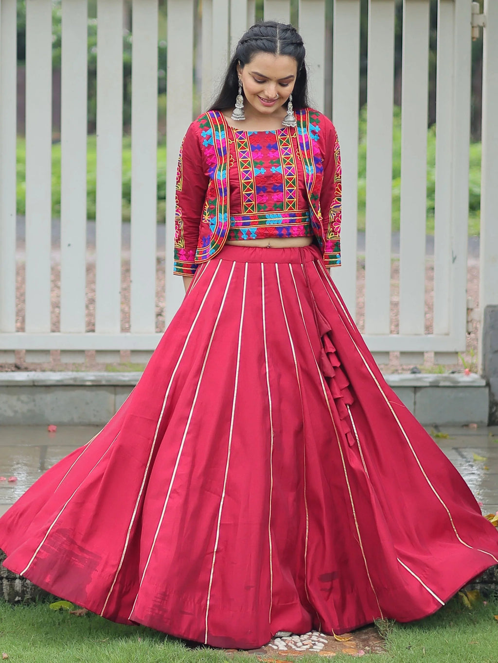 Maroon Kutchi Gamthi Embroidered Gota Patti Lace Lehenga Choli With Koti