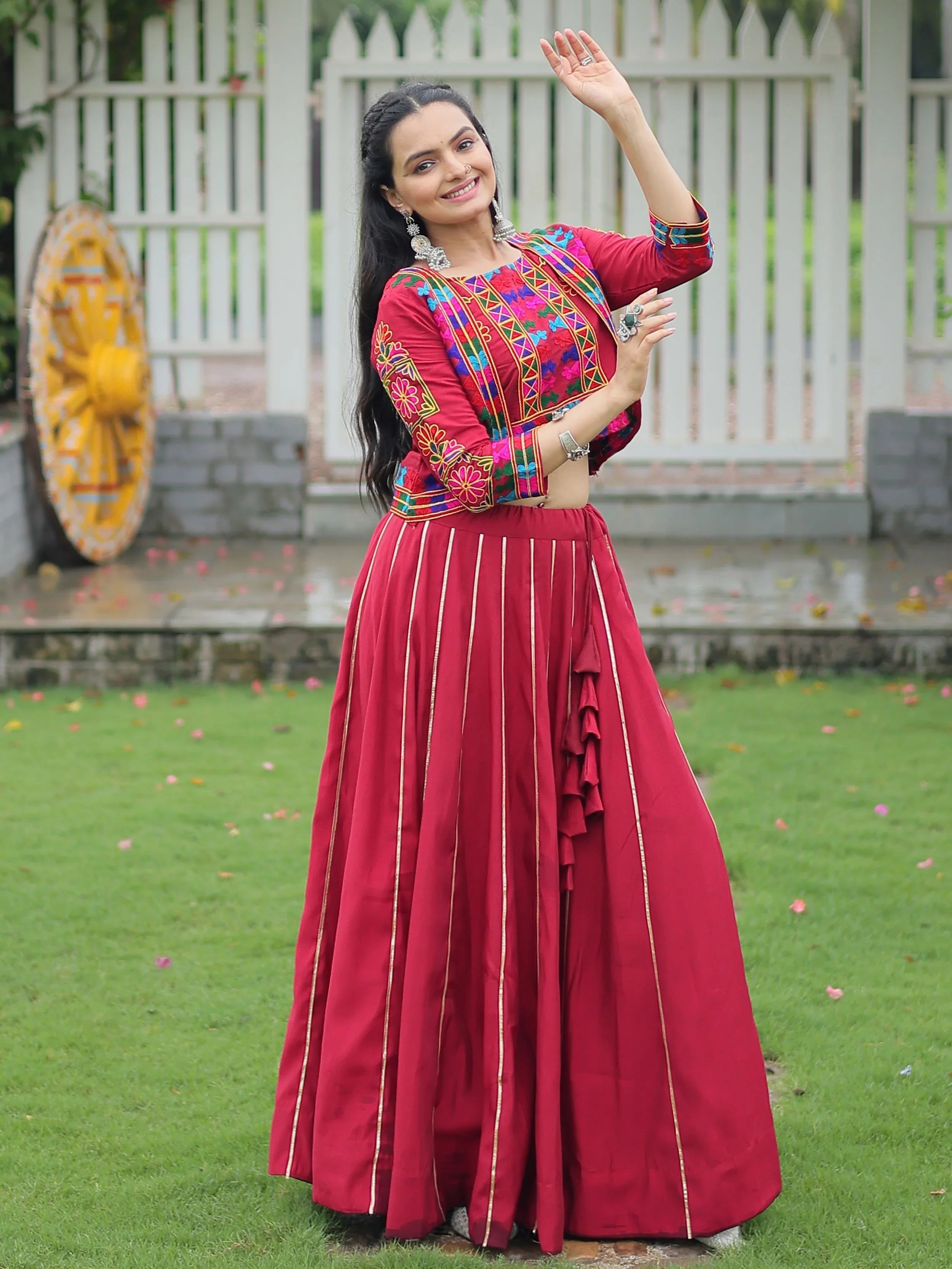 Maroon Kutchi Gamthi Embroidered Gota Patti Lace Lehenga Choli With Koti