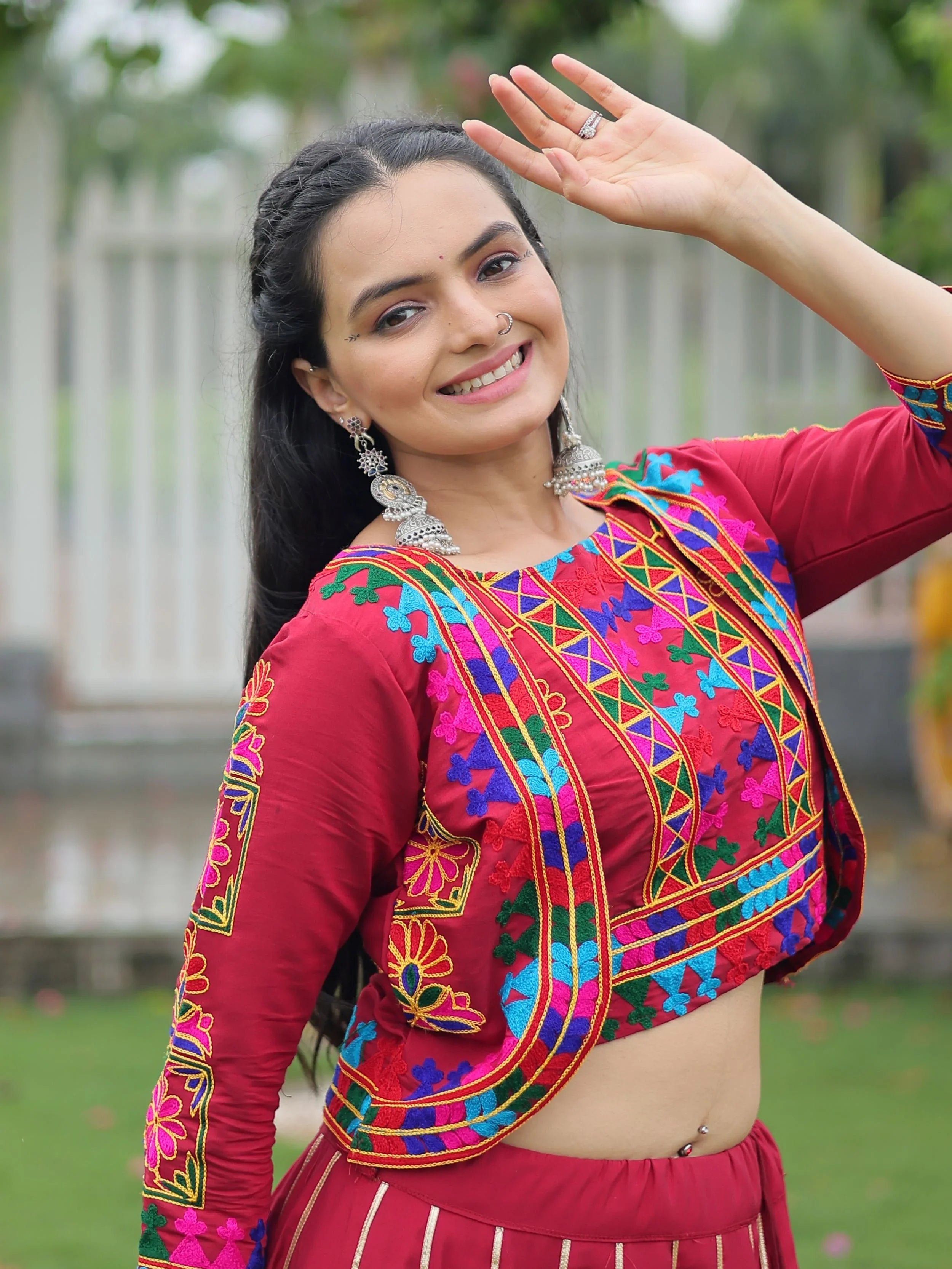 Maroon Kutchi Gamthi Embroidered Gota Patti Lace Lehenga Choli With Koti