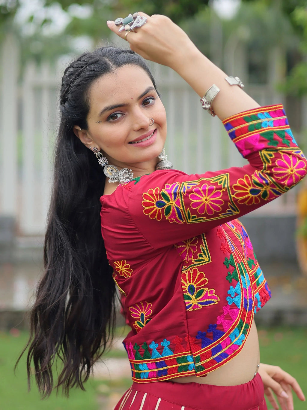 Maroon Kutchi Gamthi Embroidered Gota Patti Lace Lehenga Choli With Koti