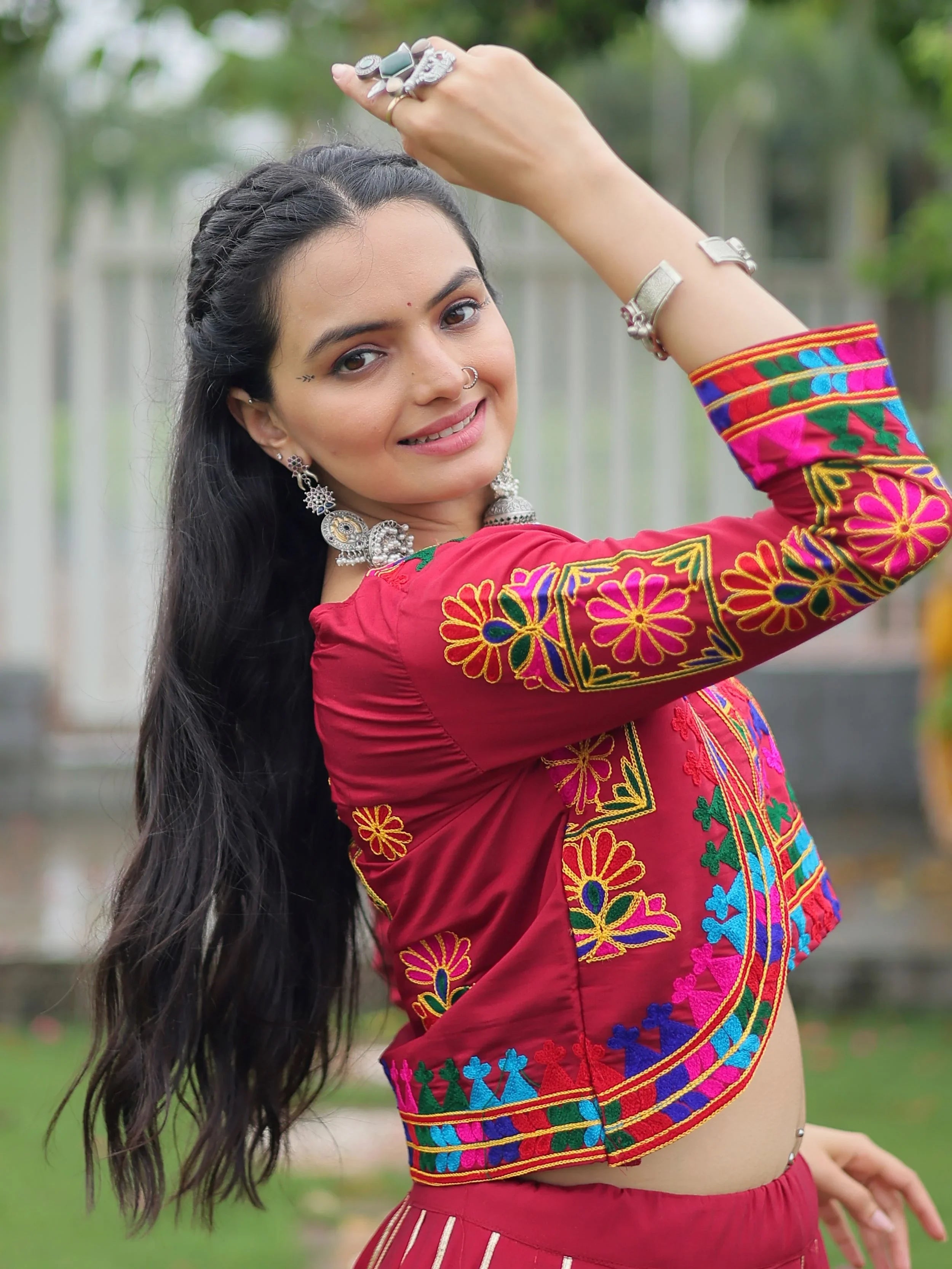 Maroon Kutchi Gamthi Embroidered Gota Patti Lace Lehenga Choli With Koti