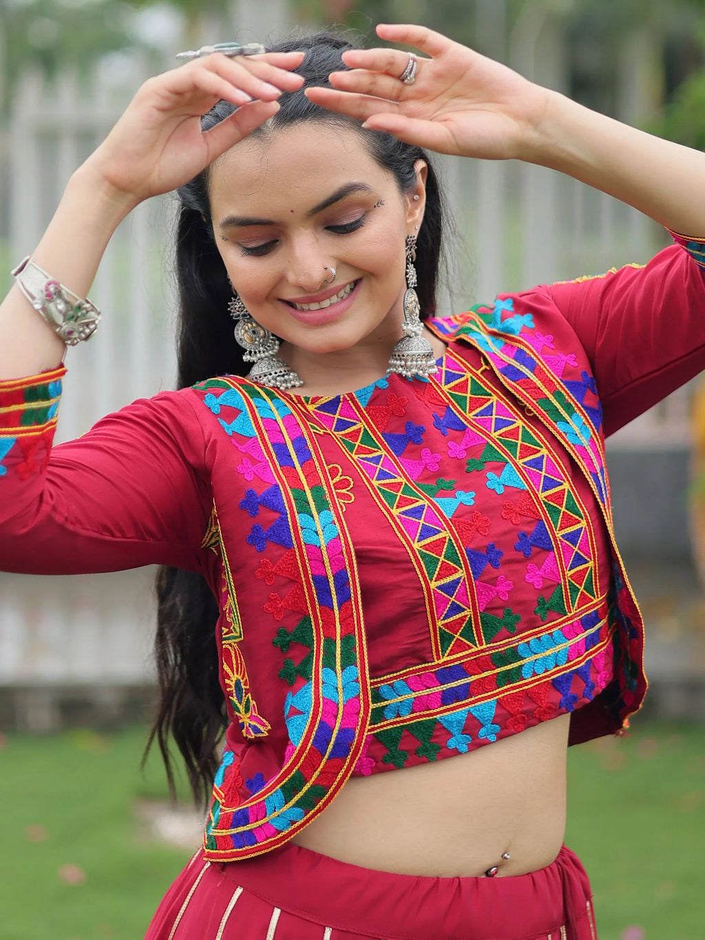 Maroon Kutchi Gamthi Embroidered Gota Patti Lace Lehenga Choli With Koti