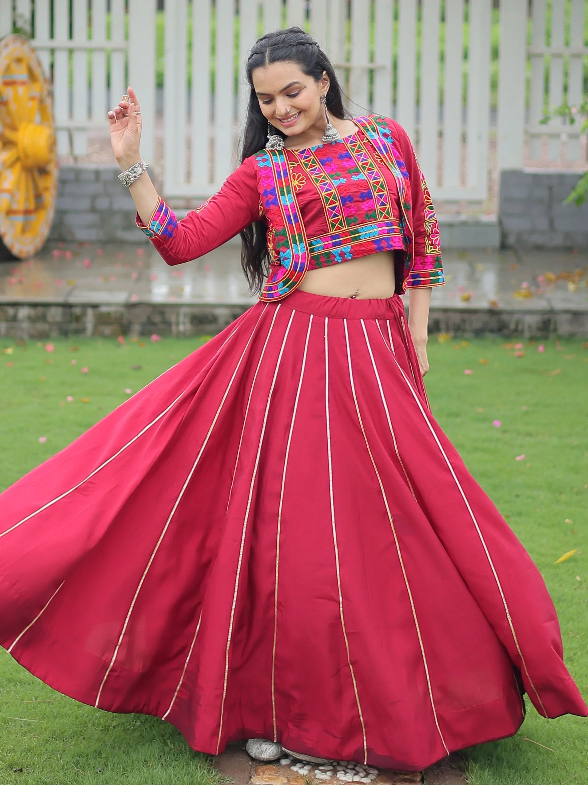 Maroon Kutchi Gamthi Embroidered Gota Patti Lace Lehenga Choli With Koti