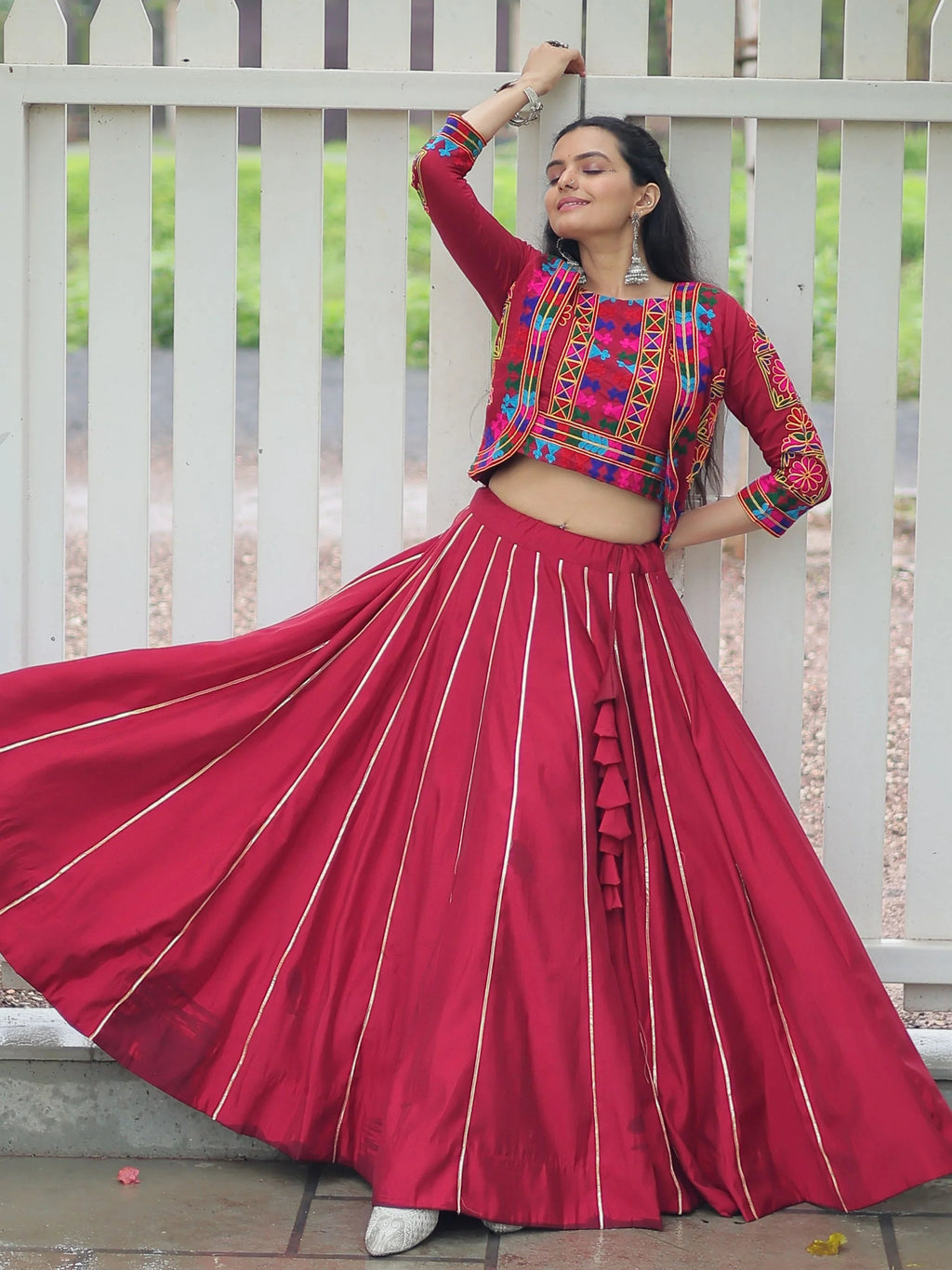 Maroon Kutchi Gamthi Embroidered Gota Patti Lace Lehenga Choli With Koti