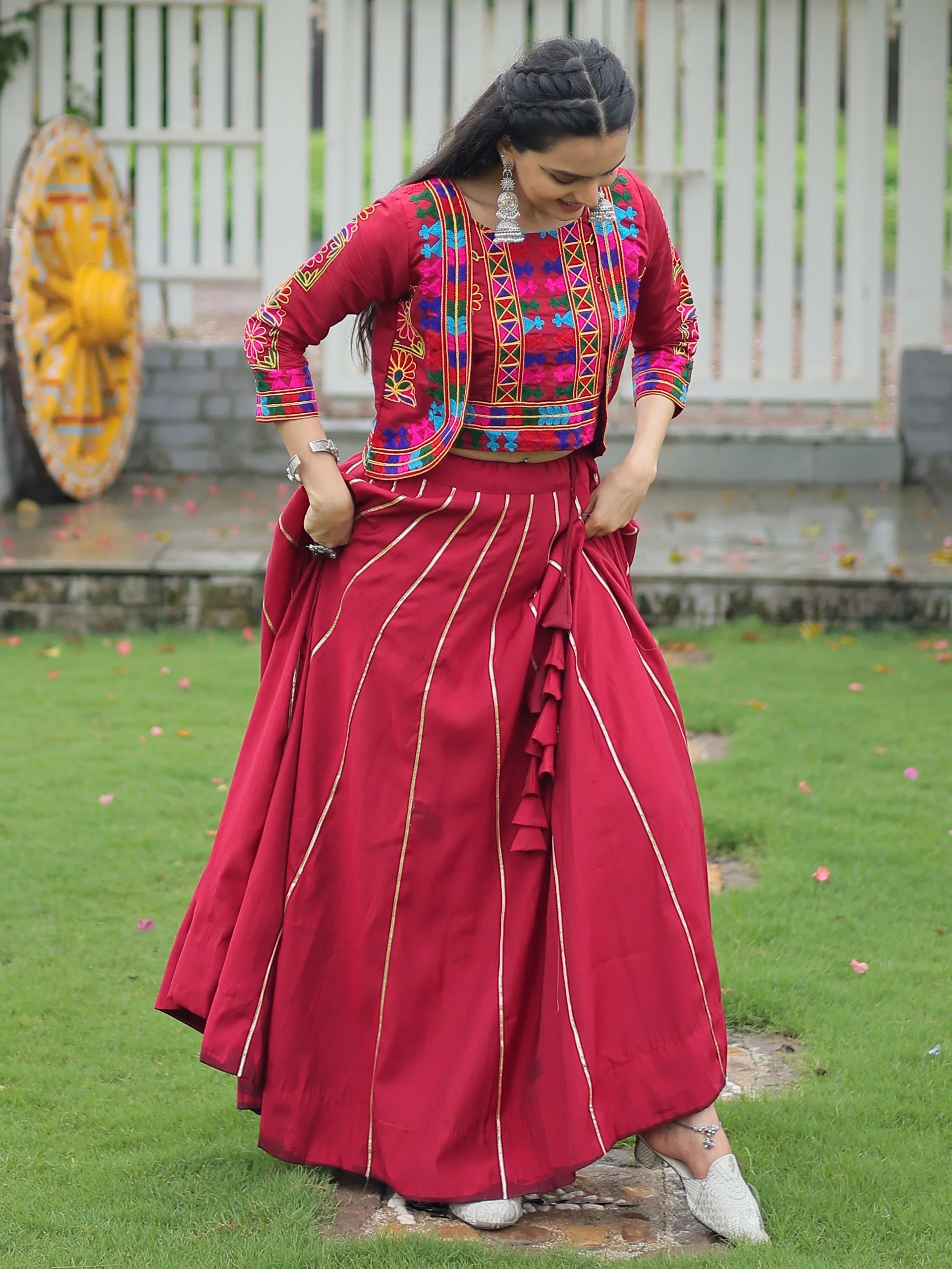 Maroon Kutchi Gamthi Embroidered Gota Patti Lace Lehenga Choli With Koti