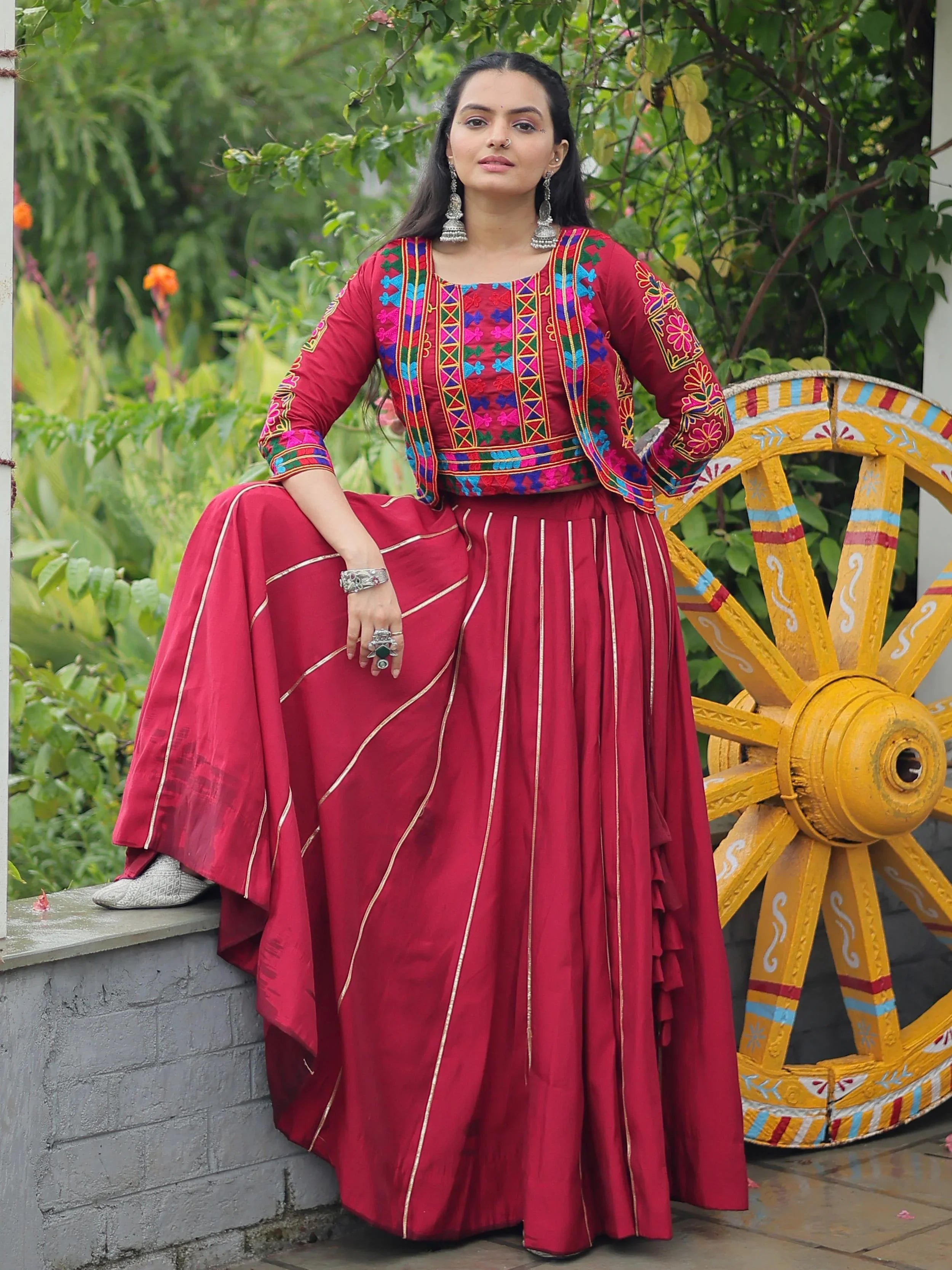 Maroon Kutchi Gamthi Embroidered Gota Patti Lace Lehenga Choli With Koti