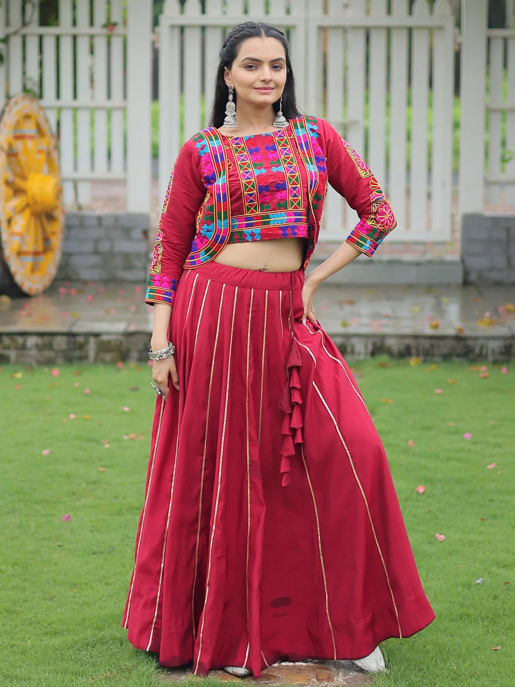 Maroon Kutchi Gamthi Embroidered Gota Patti Lace Lehenga Choli With Koti