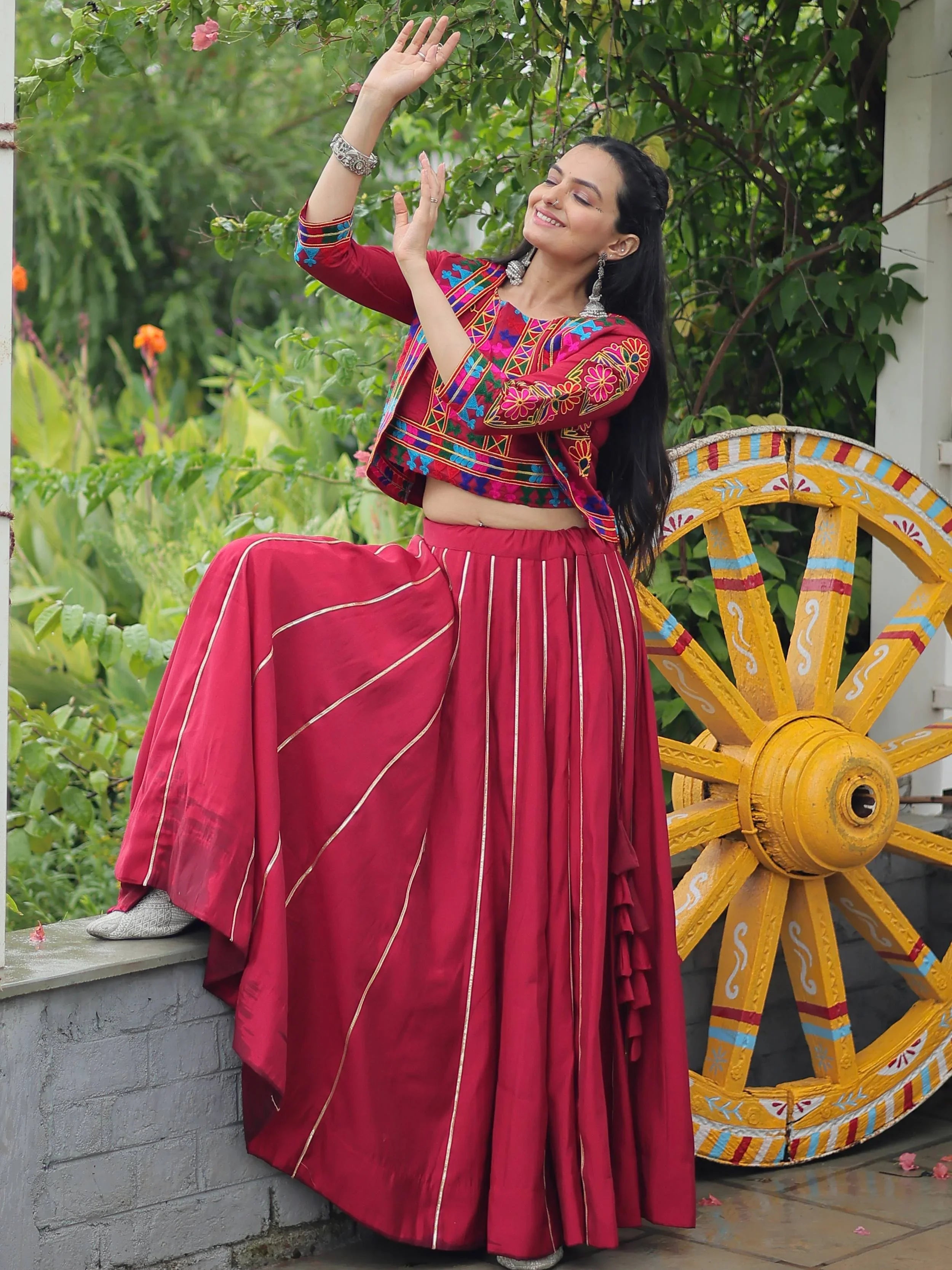 Maroon Kutchi Gamthi Embroidered Gota Patti Lace Lehenga Choli With Koti