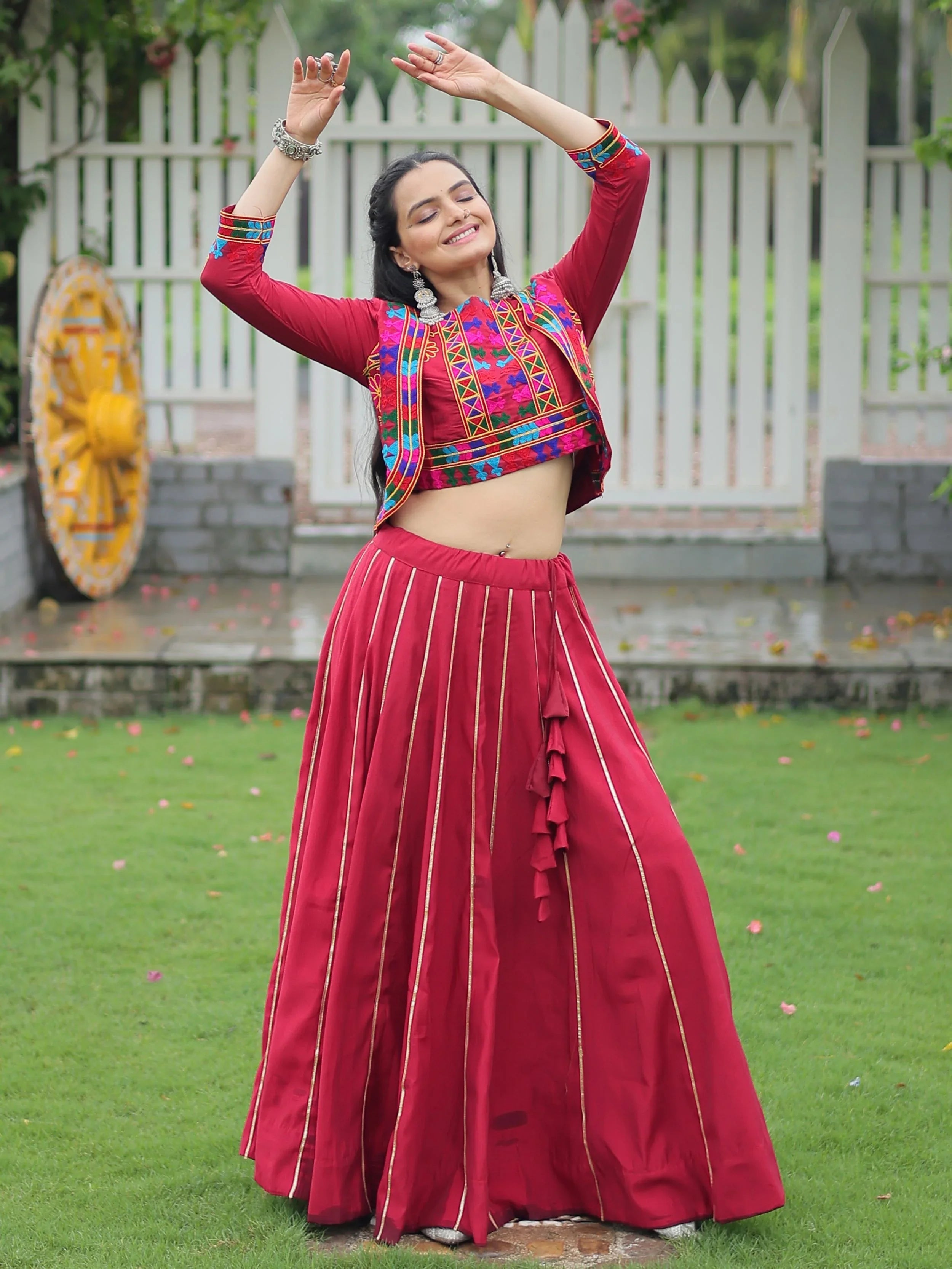 Maroon Kutchi Gamthi Embroidered Gota Patti Lace Lehenga Choli With Koti