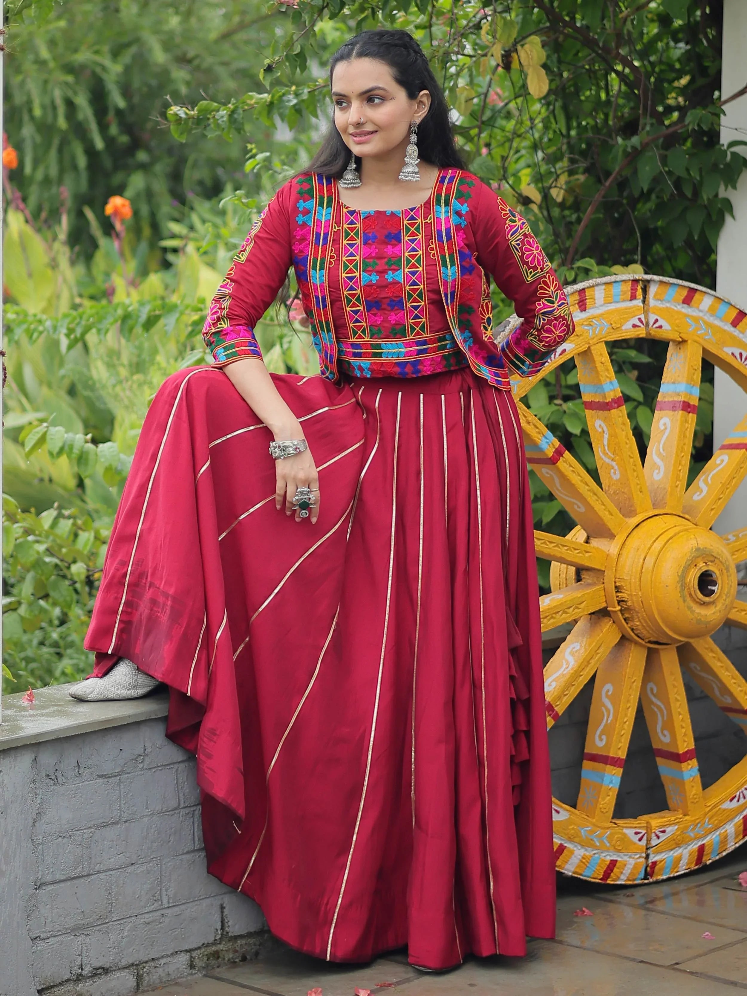 Maroon Kutchi Gamthi Embroidered Gota Patti Lace Lehenga Choli With Koti