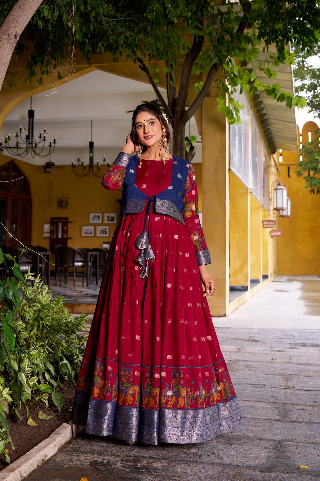 Maroon Poly Cotton Kalamkari Print Gown with Zari Weaving Koti