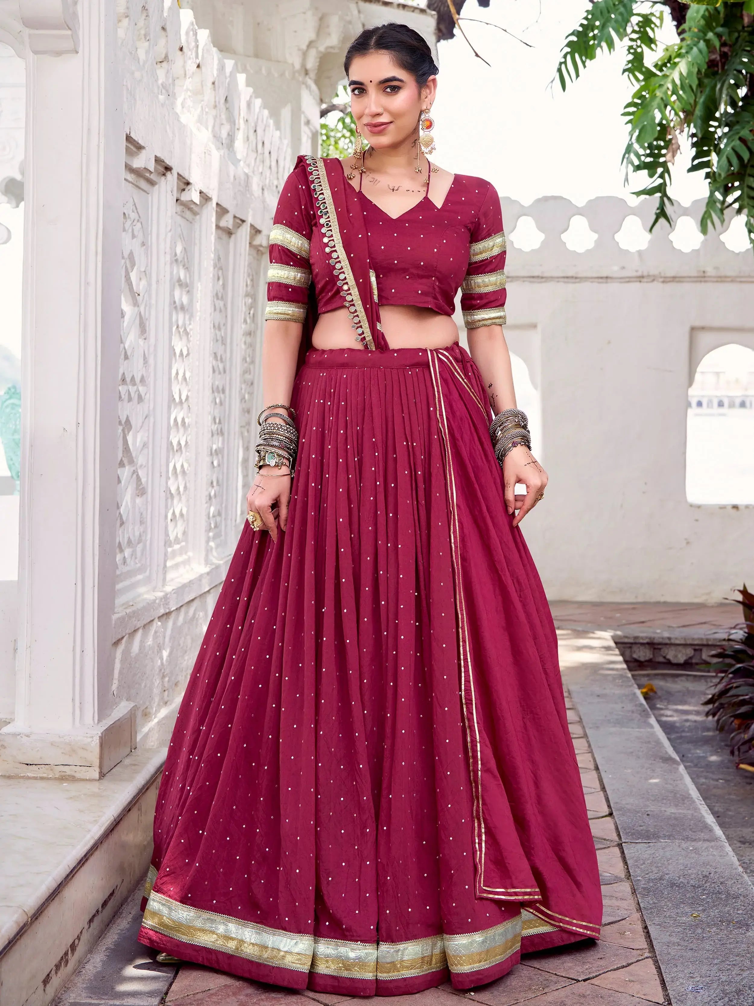 Maroon Pure Chanderi Zari Weaving Embossed Lace Lehenga Choli