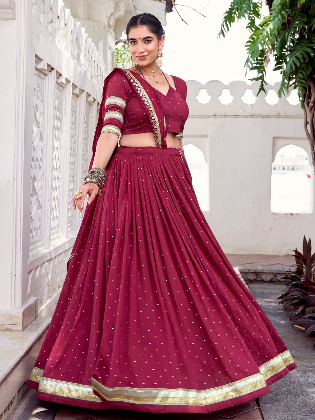 Maroon Pure Chanderi Zari Weaving Embossed Lace Lehenga Choli